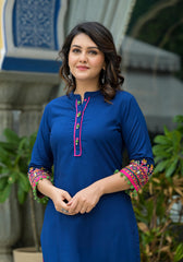 Blue Thread Embroidered A-lined Liva Rayon Kurta With Beads & Sequins