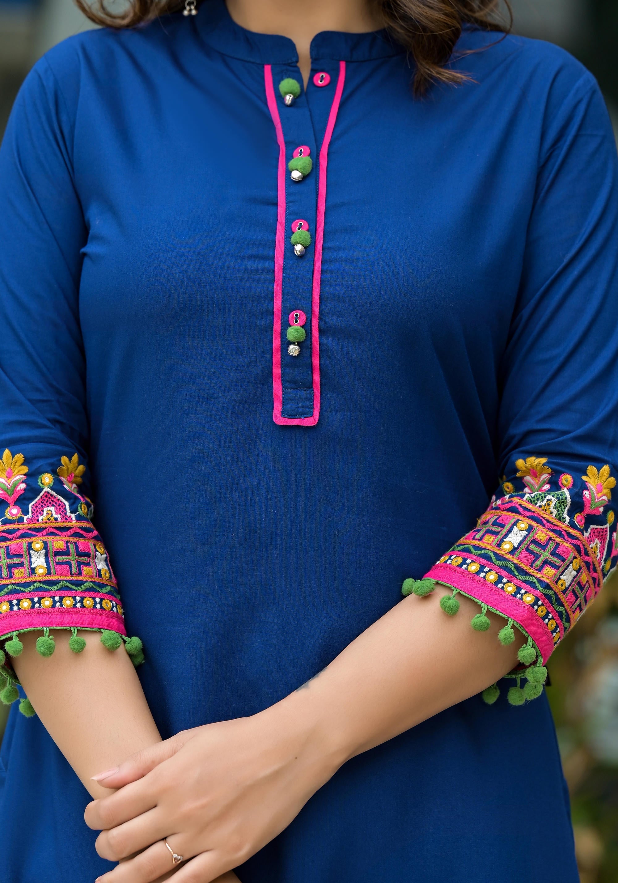 Blue Thread Embroidered A-lined Liva Rayon Kurta With Beads & Sequins 