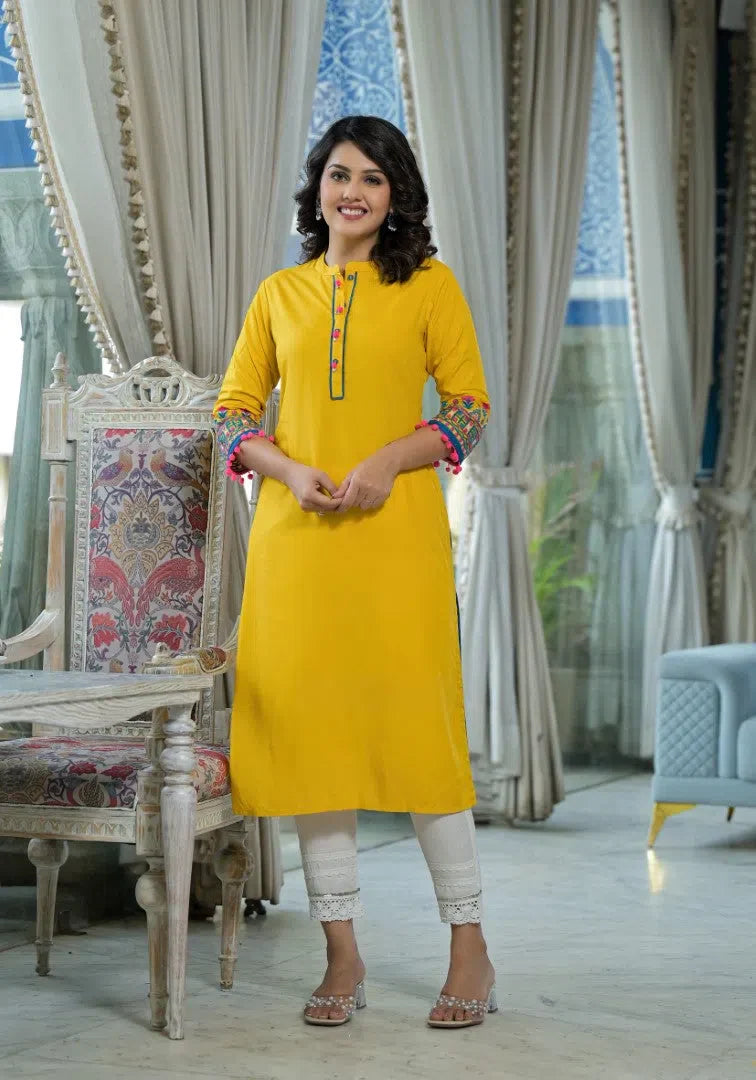 Mustard Embroidered Rayon Kurta | Unique Indian Kurta Ladies