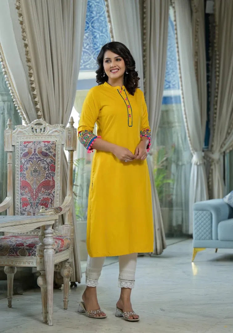Mustard Embroidered Rayon Kurta | Unique Indian Kurta Ladies