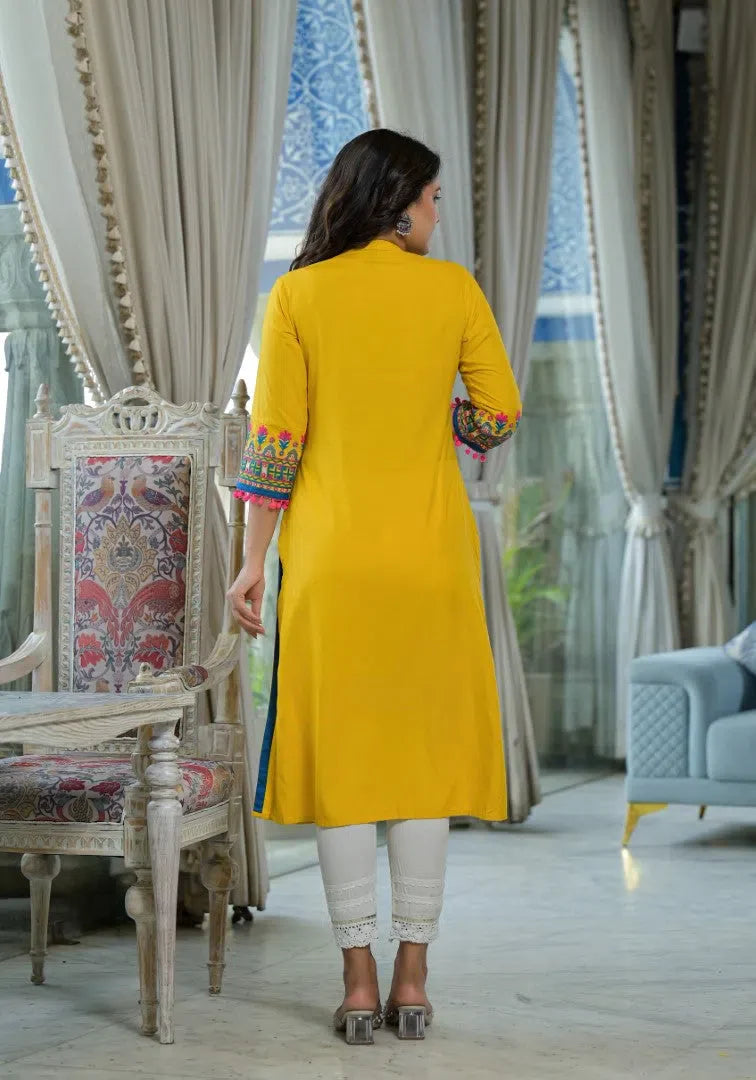 Mustard Embroidered Rayon Kurta | Unique Indian Kurta Ladies