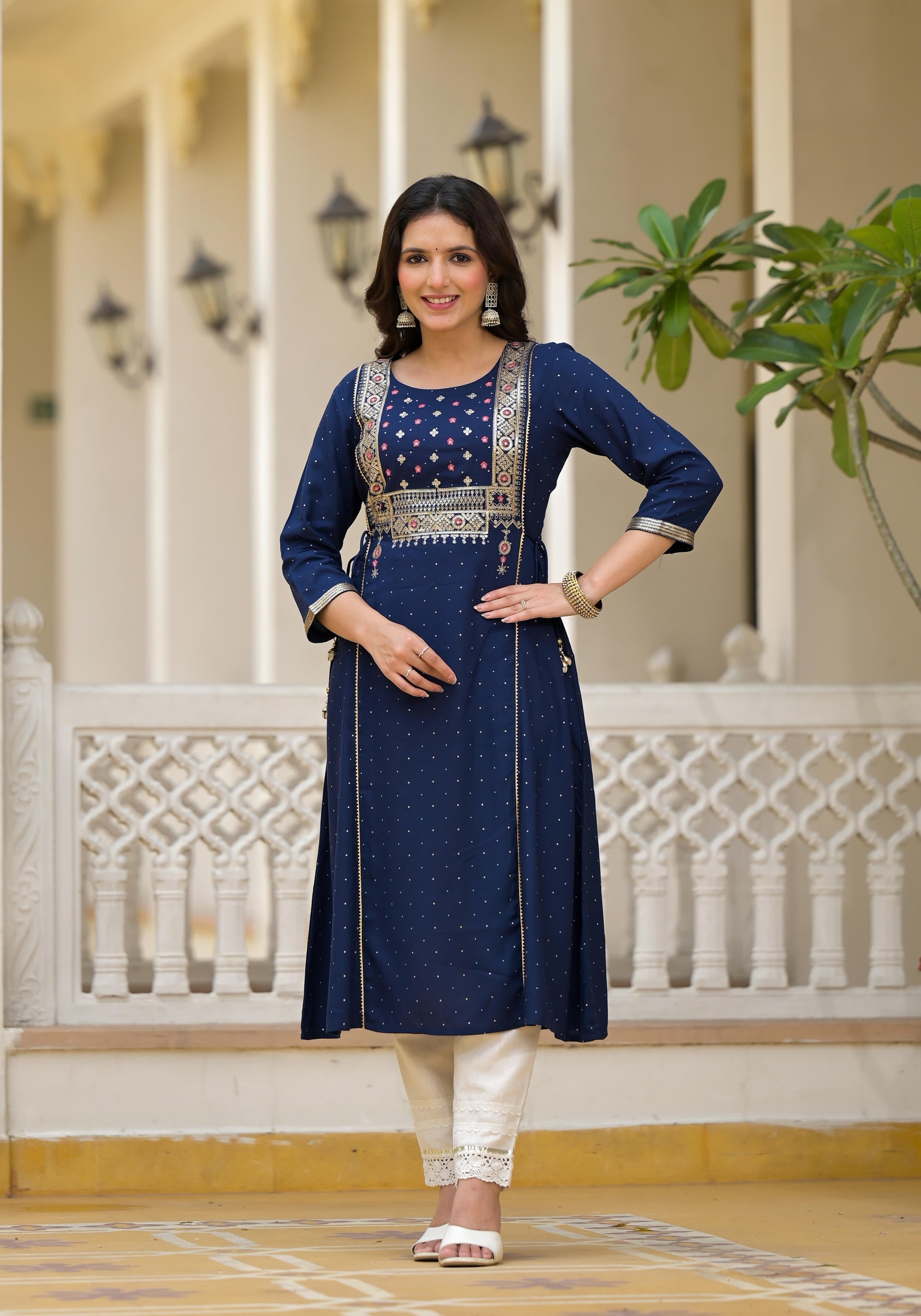 Blue Solid Rayon Kurta With Sequins & Doris | DesiQlo