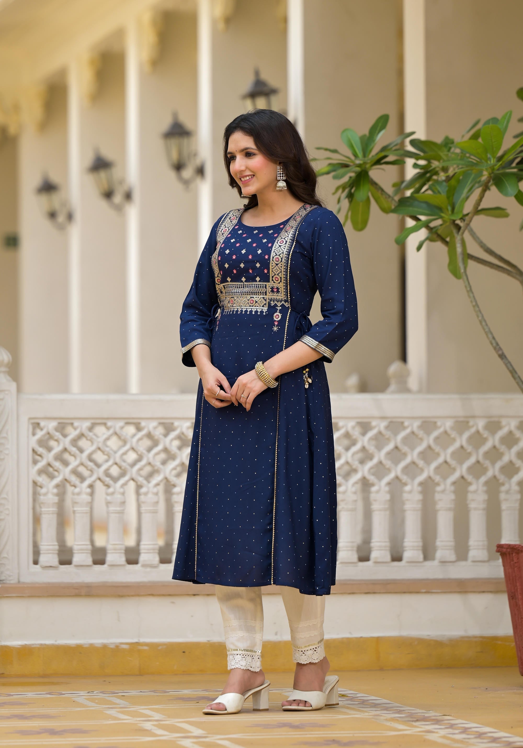 Blue Solid Rayon Kurta With Sequins & Doris | DesiQlo
