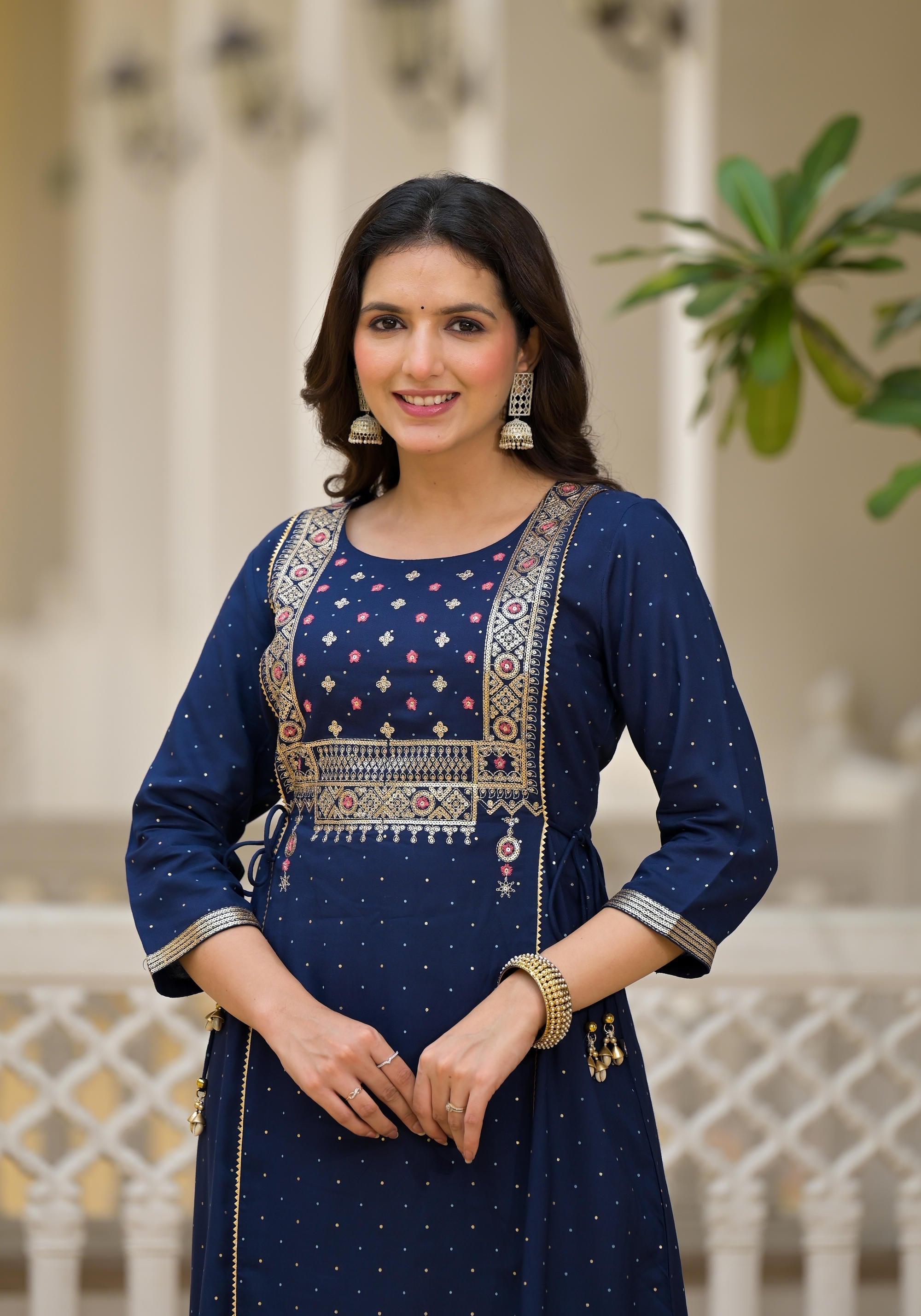 Blue Solid Rayon Kurta With Sequins & Doris | DesiQlo