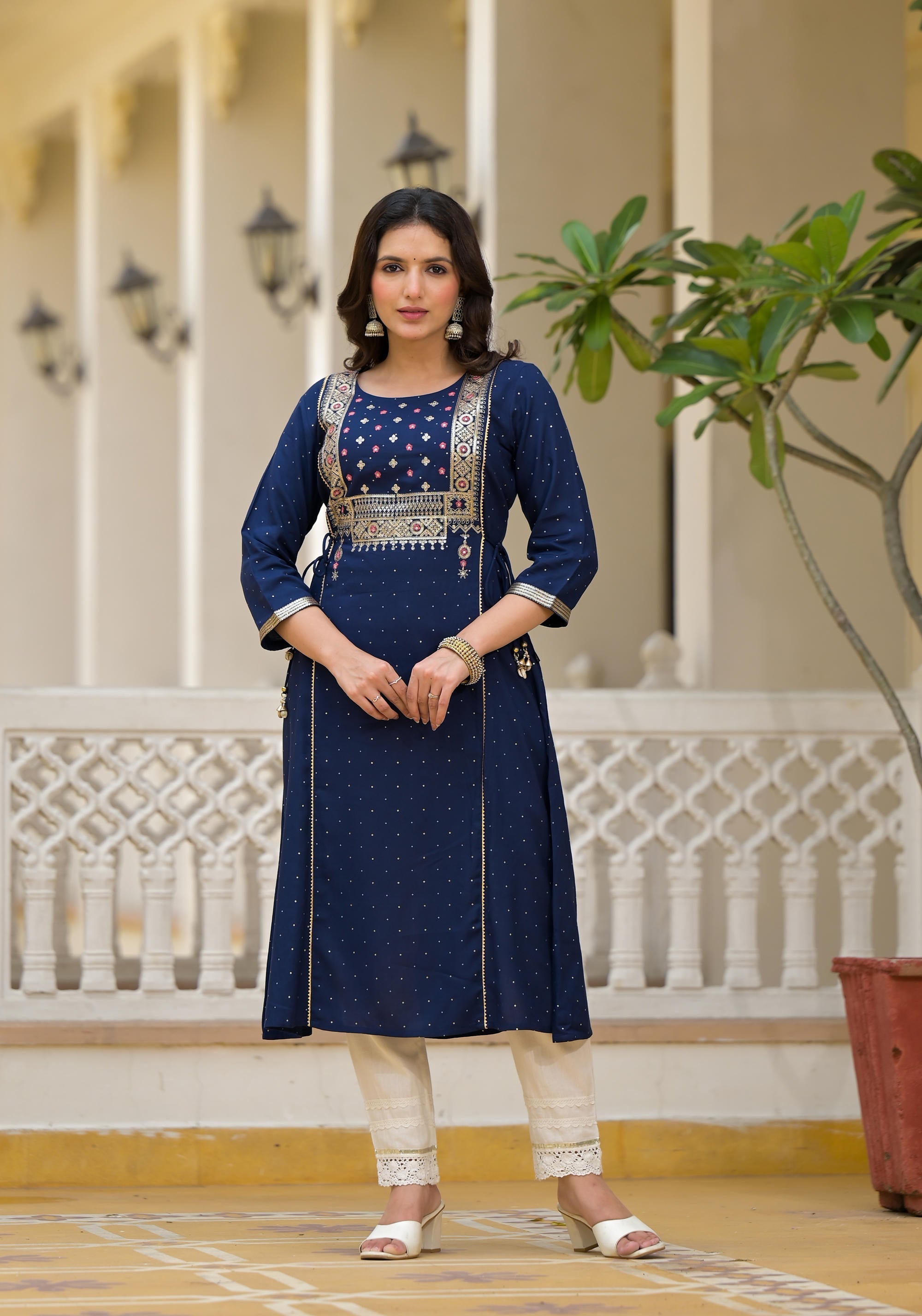 Blue Solid Rayon Kurta With Sequins & Doris | DesiQlo