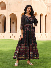 The Mahautsavam Black Ethnic Motif Printed Georgette Dress With Sequins & Beads-J4659BLACK