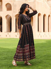 The Mahautsavam Black Ethnic Motif Printed Georgette Dress With Sequins & Beads-J4659BLACK