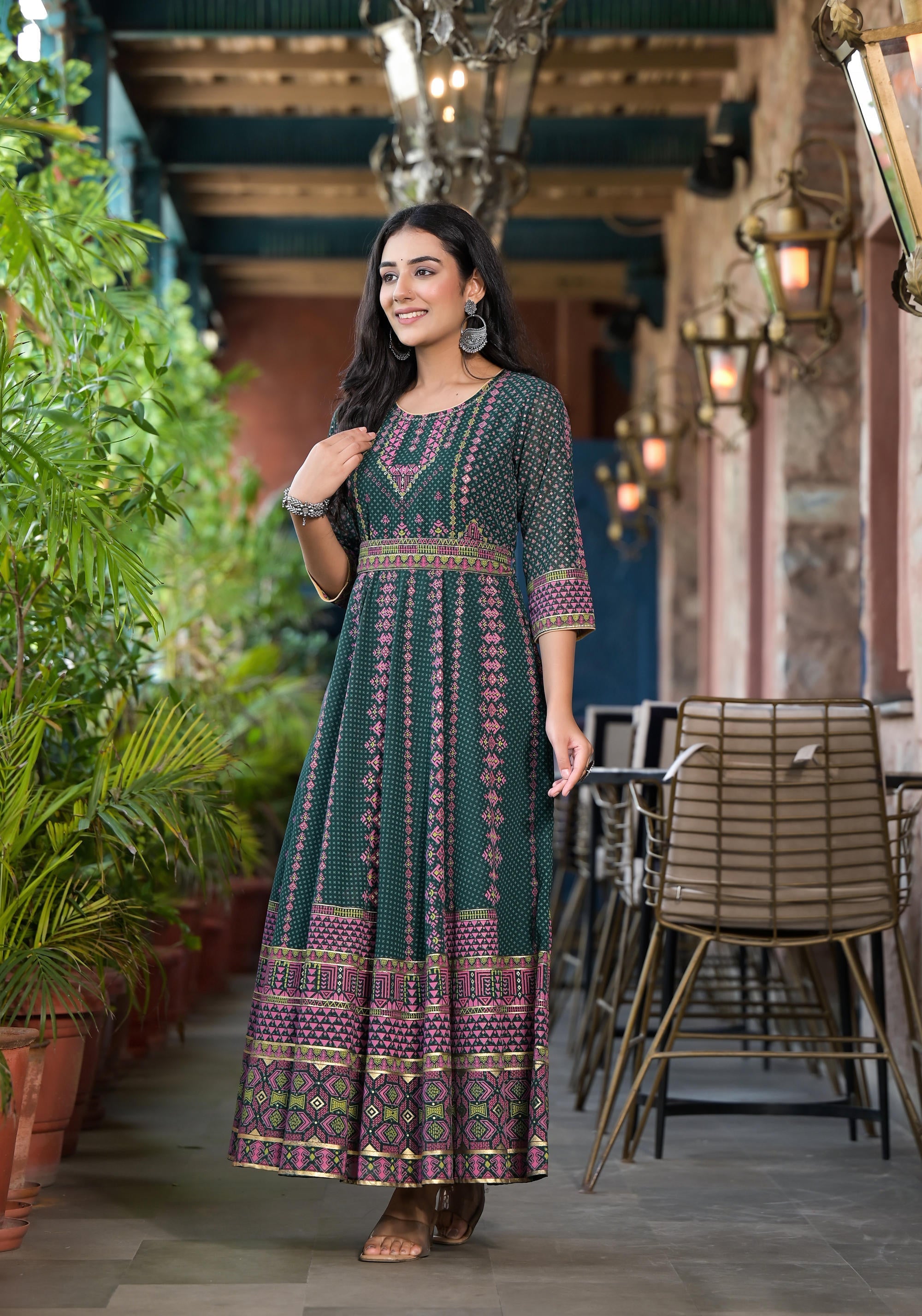 Green Ethnic Motif Printed Georgette Maxi Dress With Sequins Gota Patt