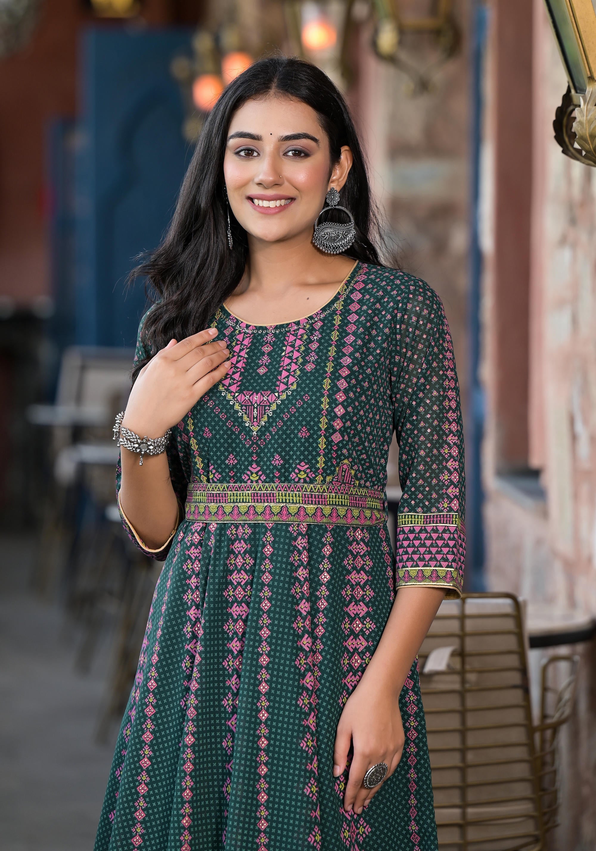 Green Ethnic Motif Printed Georgette Maxi Dress With Sequins Gota Patt