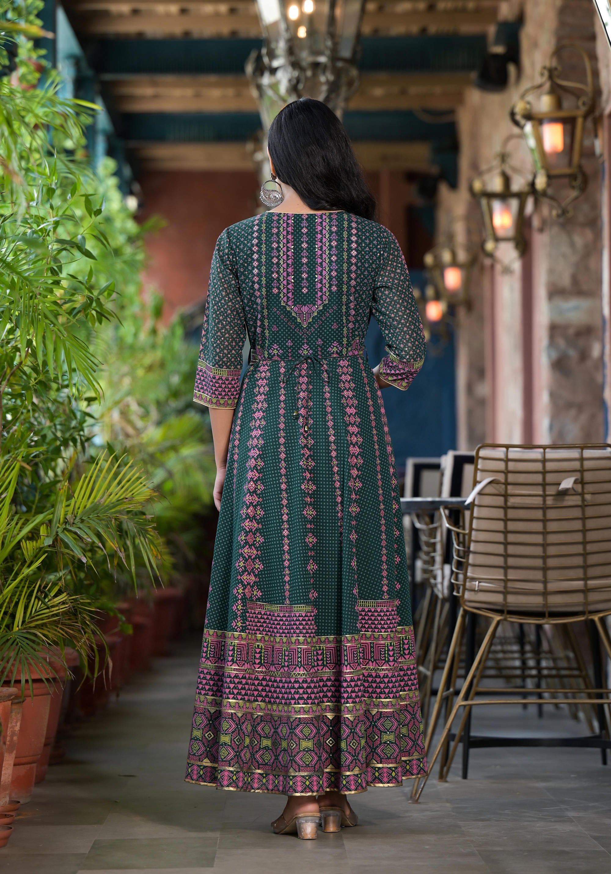 Green Ethnic Motif Printed Georgette Maxi Dress With Sequins Gota Patt