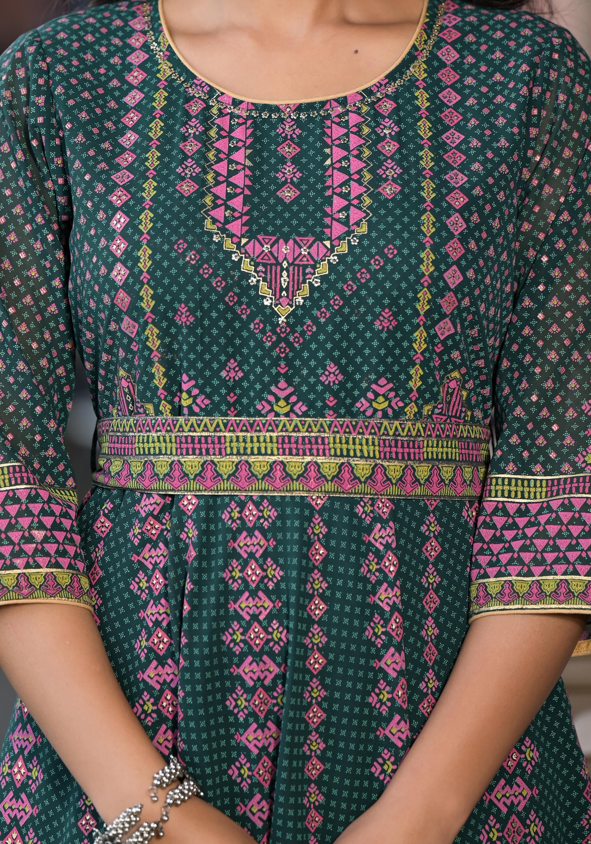 Green Ethnic Motif Printed Georgette Maxi Dress With Sequins Gota Patt