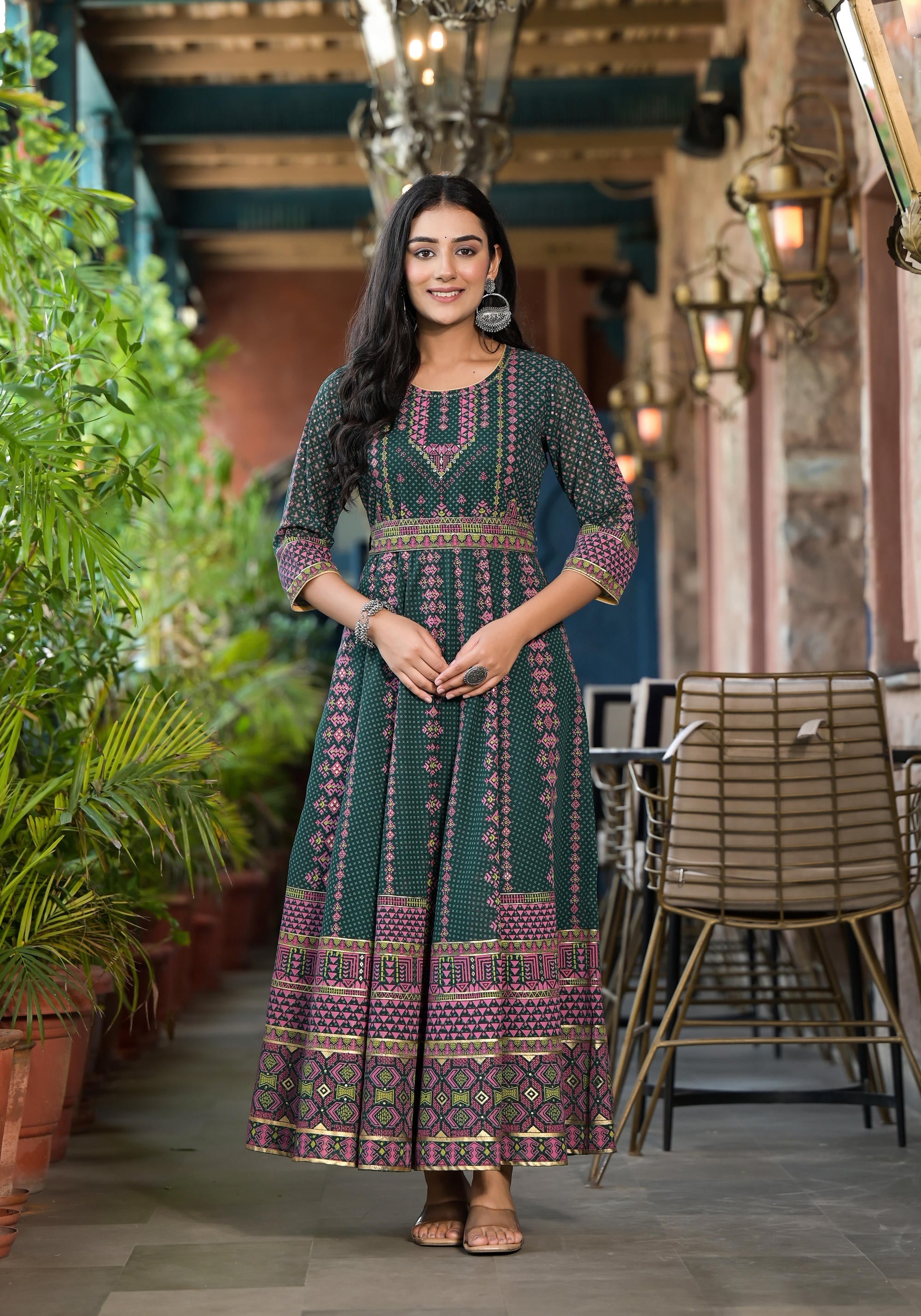 Green Ethnic Motif Printed Georgette Maxi Dress With Sequins Gota Patt