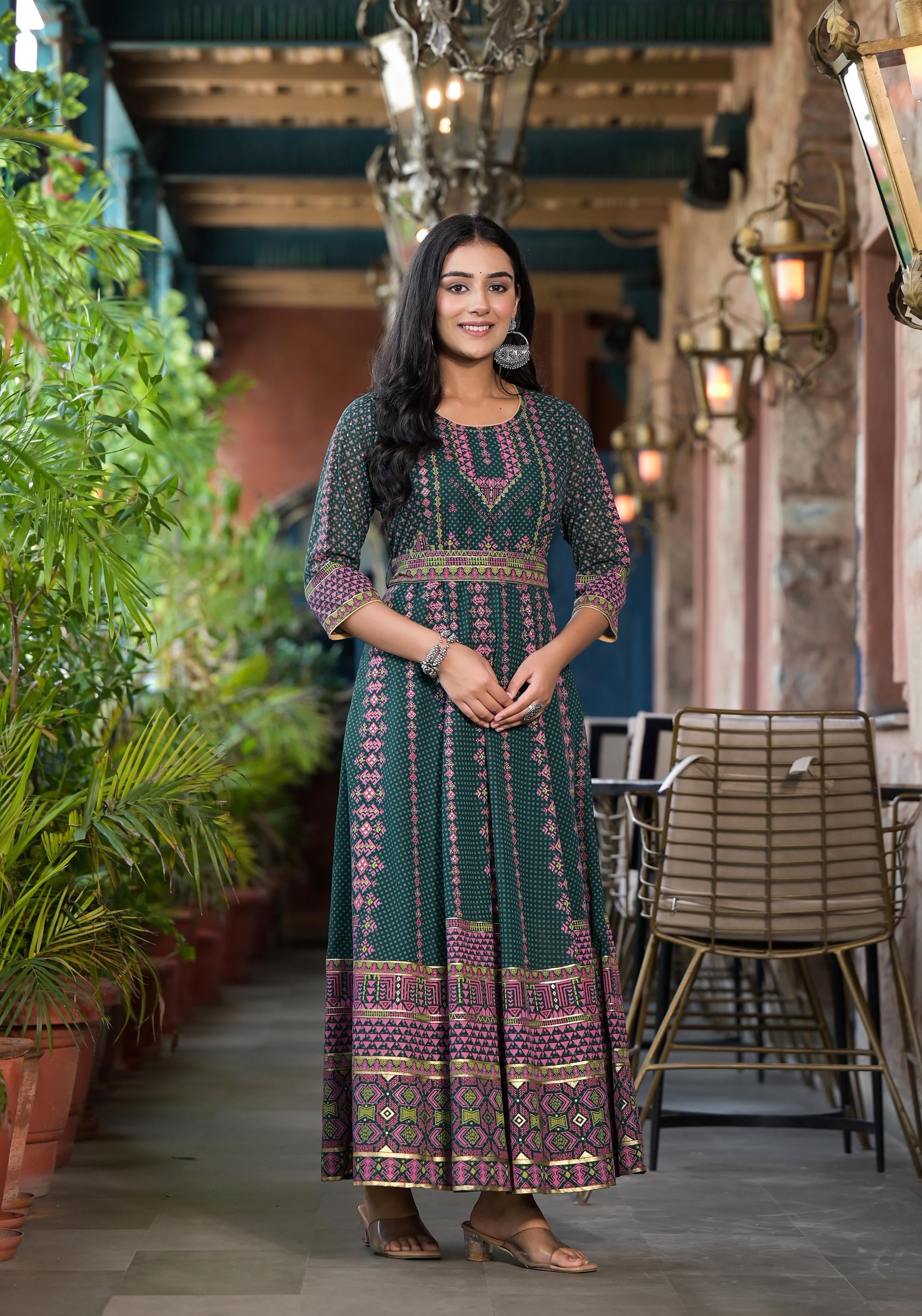 Green Ethnic Motif Printed Georgette Maxi Dress With Sequins Gota Patt