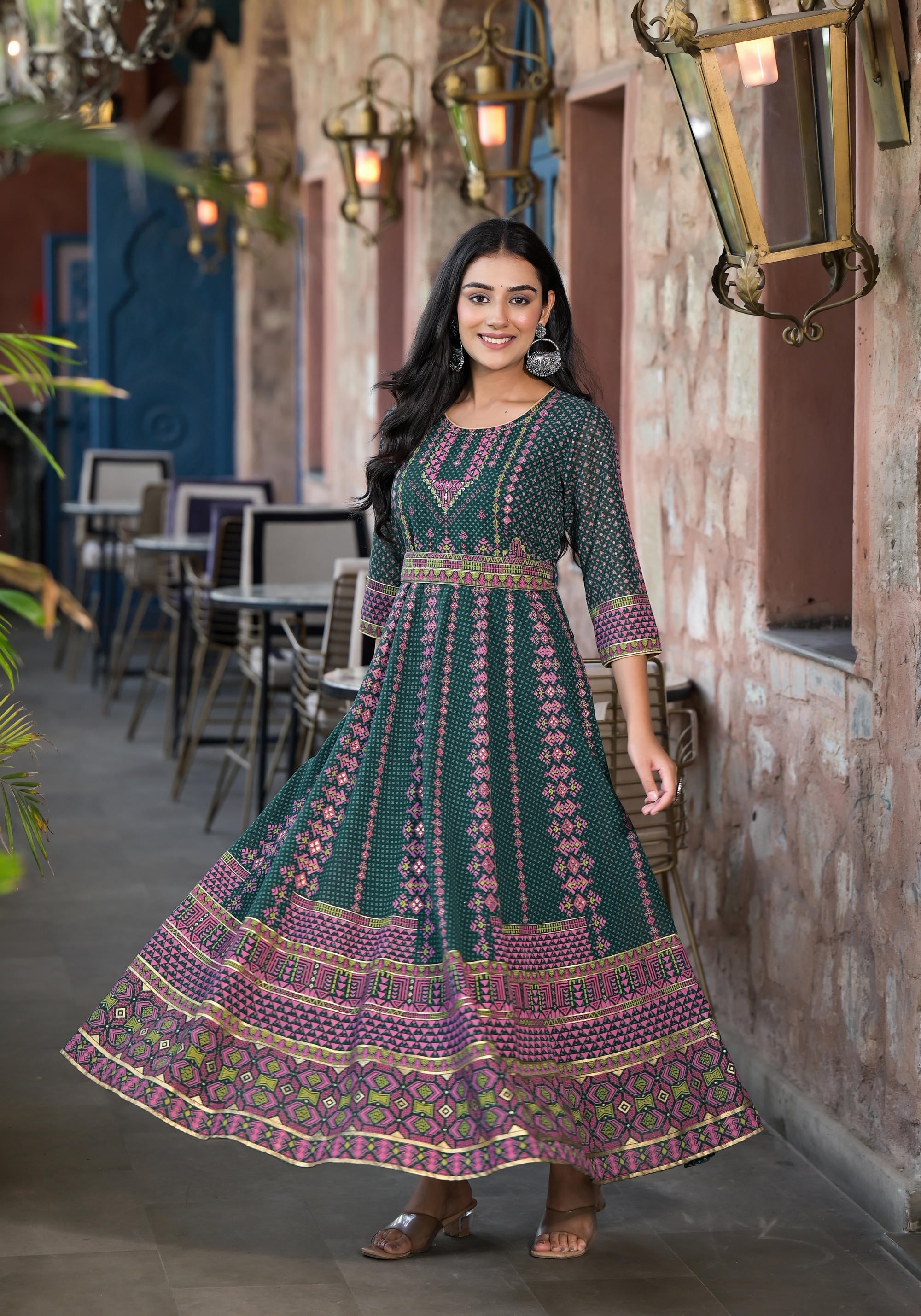 Green Ethnic Motif Printed Georgette Maxi Dress With Sequins Gota Patt