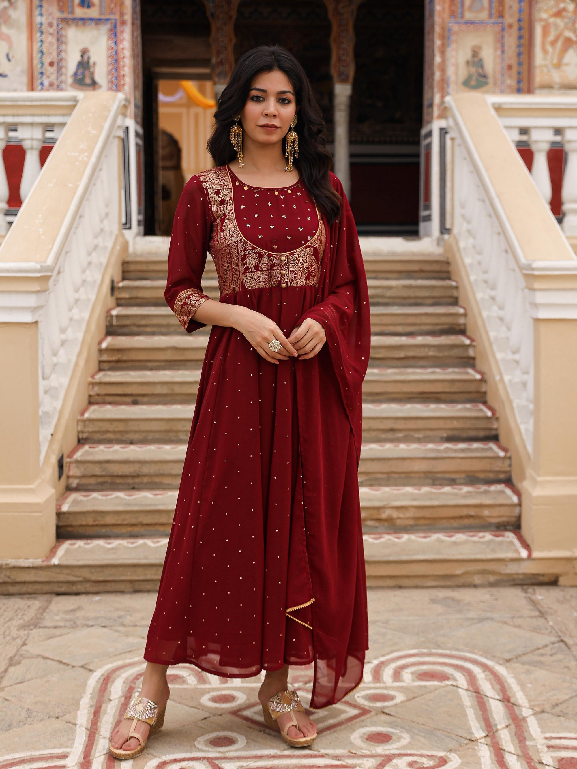 Maroon Ethnic Motif Printed Georgette Kurta & Dupatta Set With Coins &