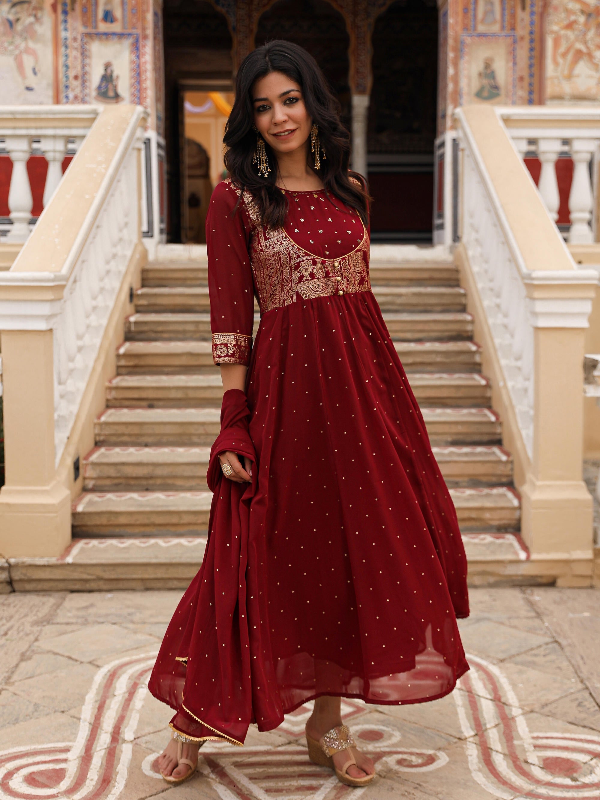 Maroon Ethnic Motif Printed Georgette Kurta & Dupatta Set With Coins &