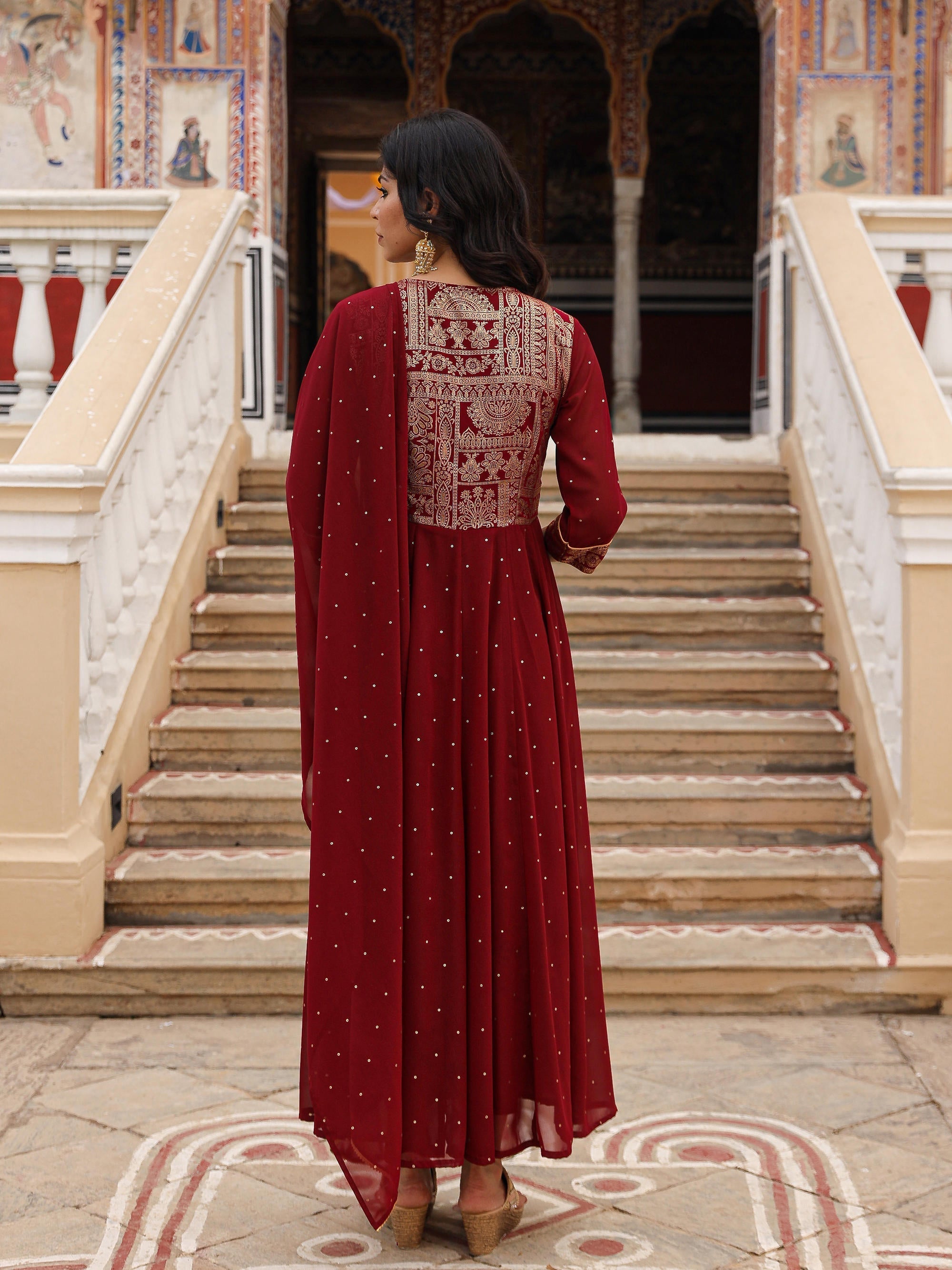 Maroon Ethnic Motif Printed Georgette Kurta & Dupatta Set With Coins &