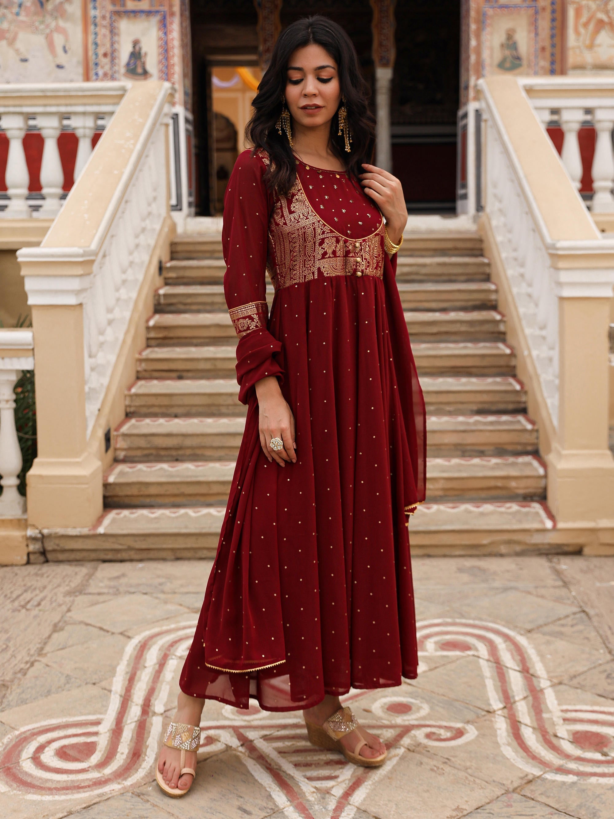 Maroon Ethnic Motif Printed Georgette Kurta & Dupatta Set With Coins &