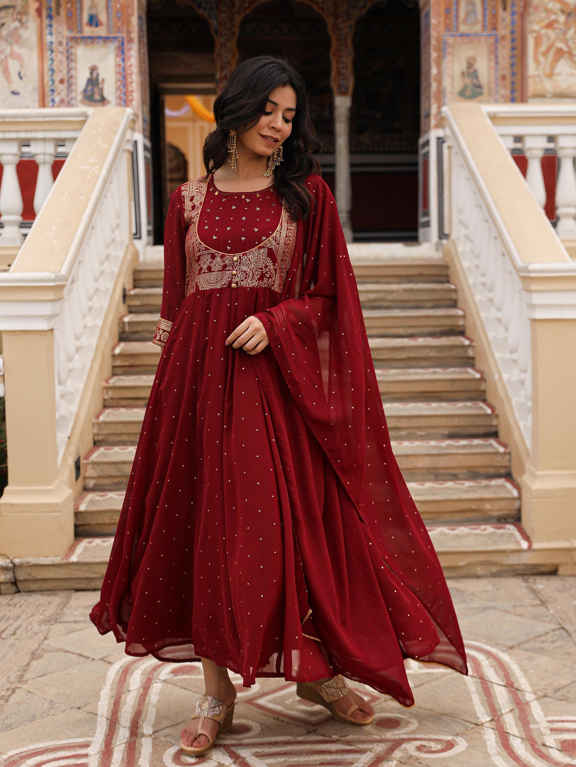 Maroon Ethnic Motif Printed Georgette Kurta & Dupatta Set With Coins &