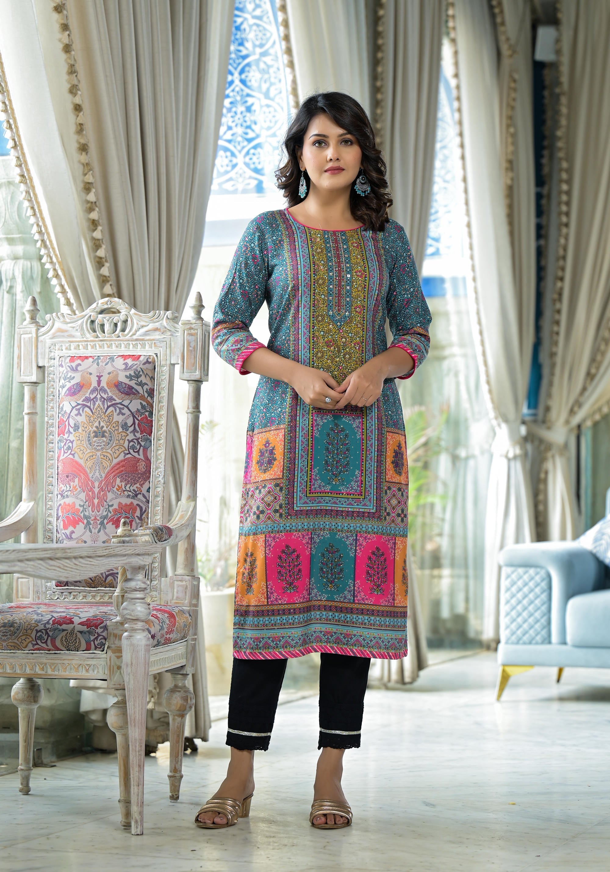 Blue Floral Printed Liva Rayon Kurta With Beads & Sequins Work | DesiQ