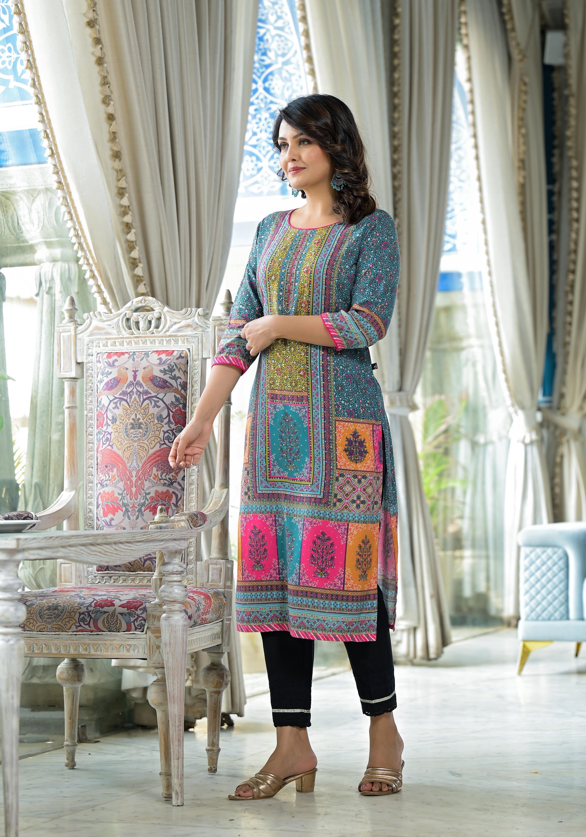 Blue Floral Printed Liva Rayon Kurta With Beads & Sequins Work | DesiQ