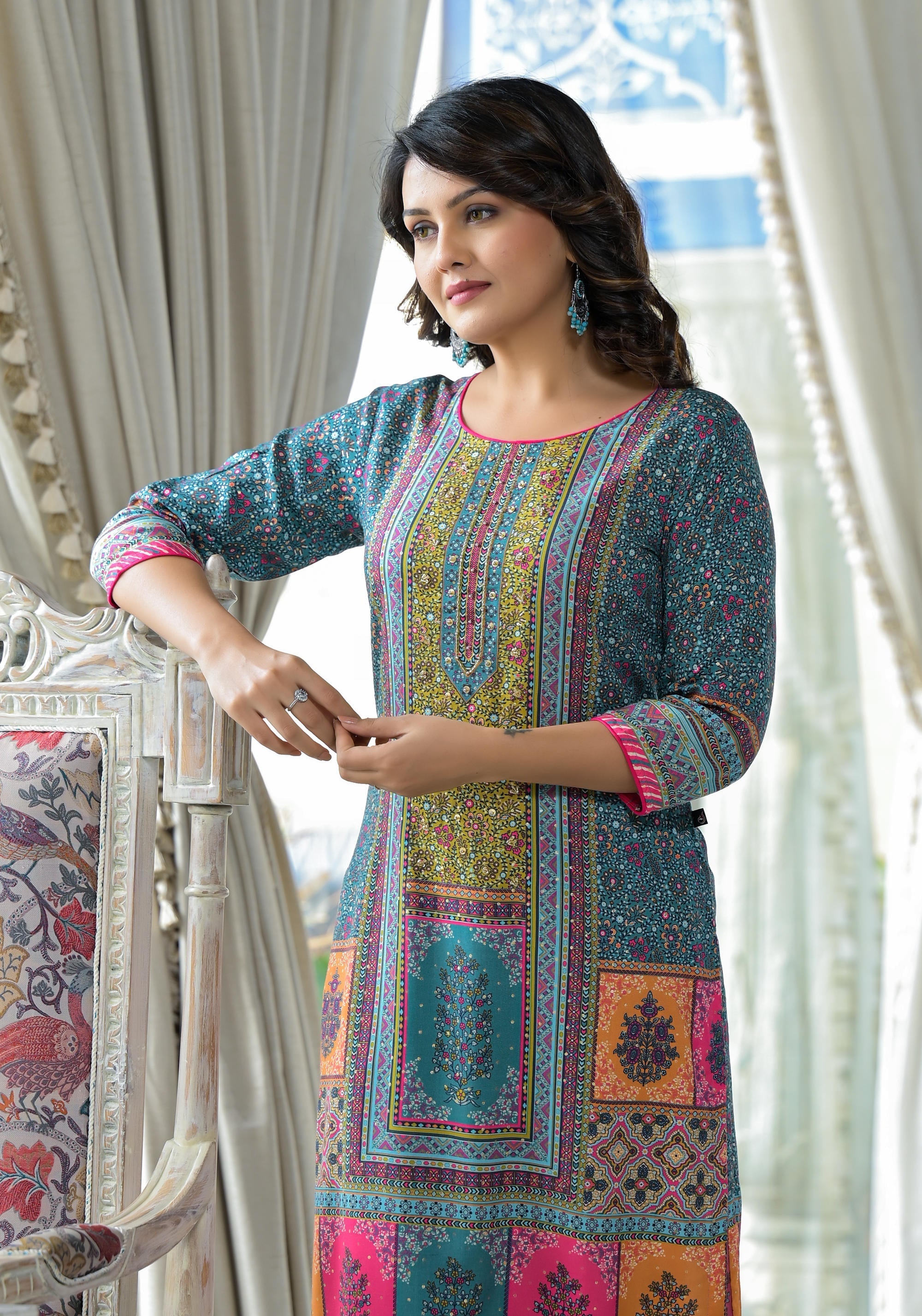 Blue Floral Printed Liva Rayon Kurta With Beads & Sequins Work | DesiQ