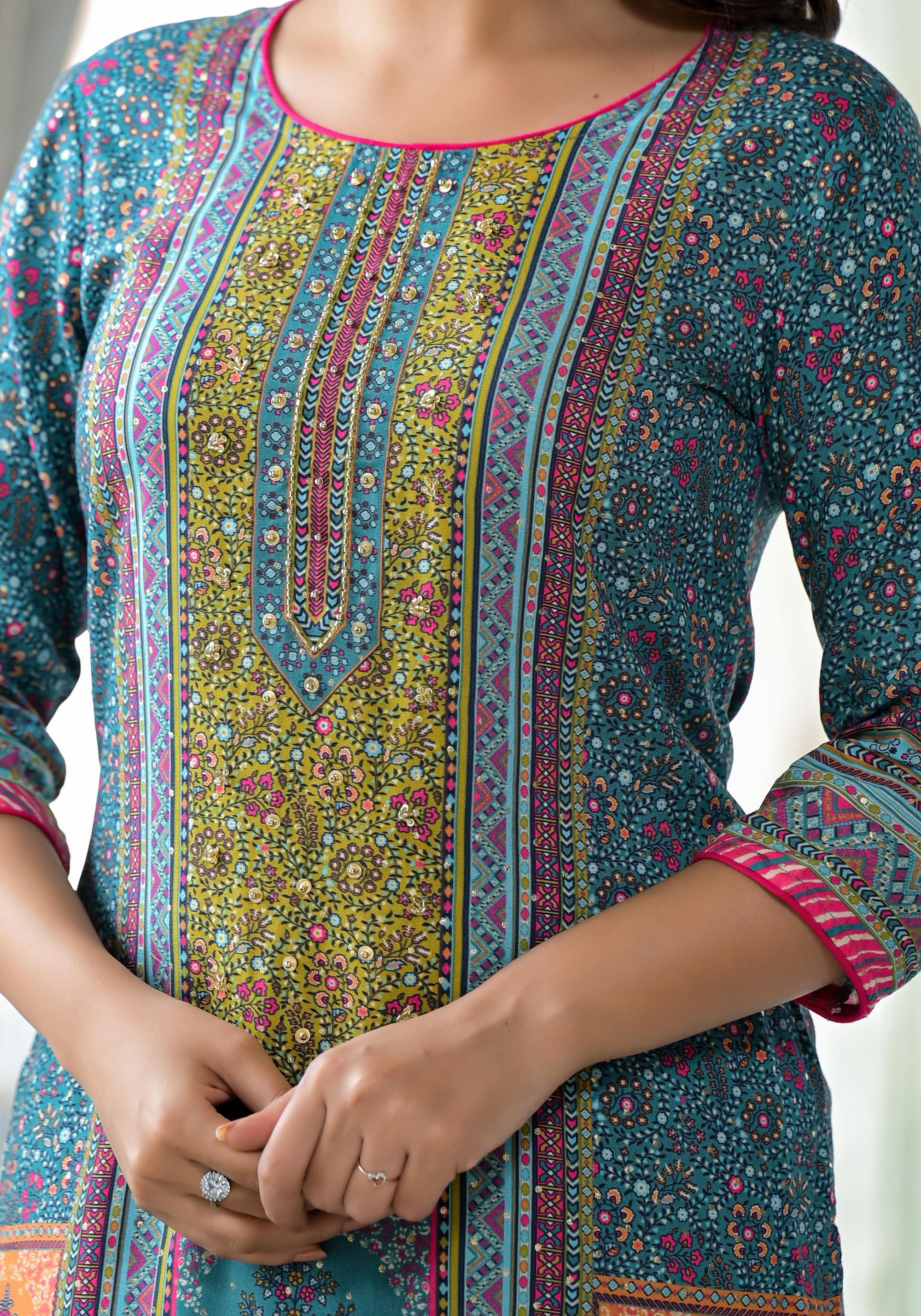 Blue Floral Printed Liva Rayon Kurta With Beads & Sequins Work | DesiQ