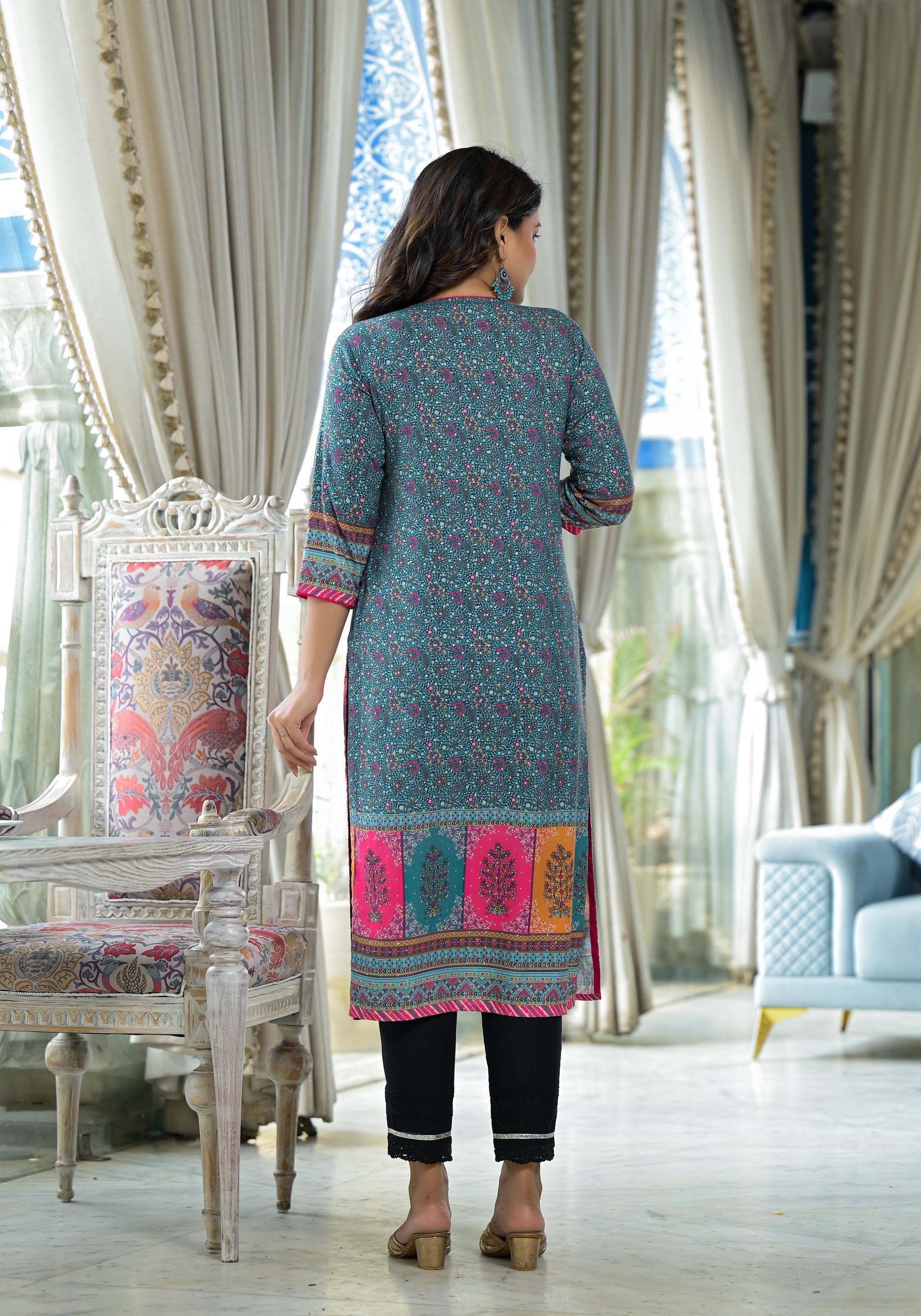 Blue Floral Printed Liva Rayon Kurta With Beads & Sequins Work | DesiQ