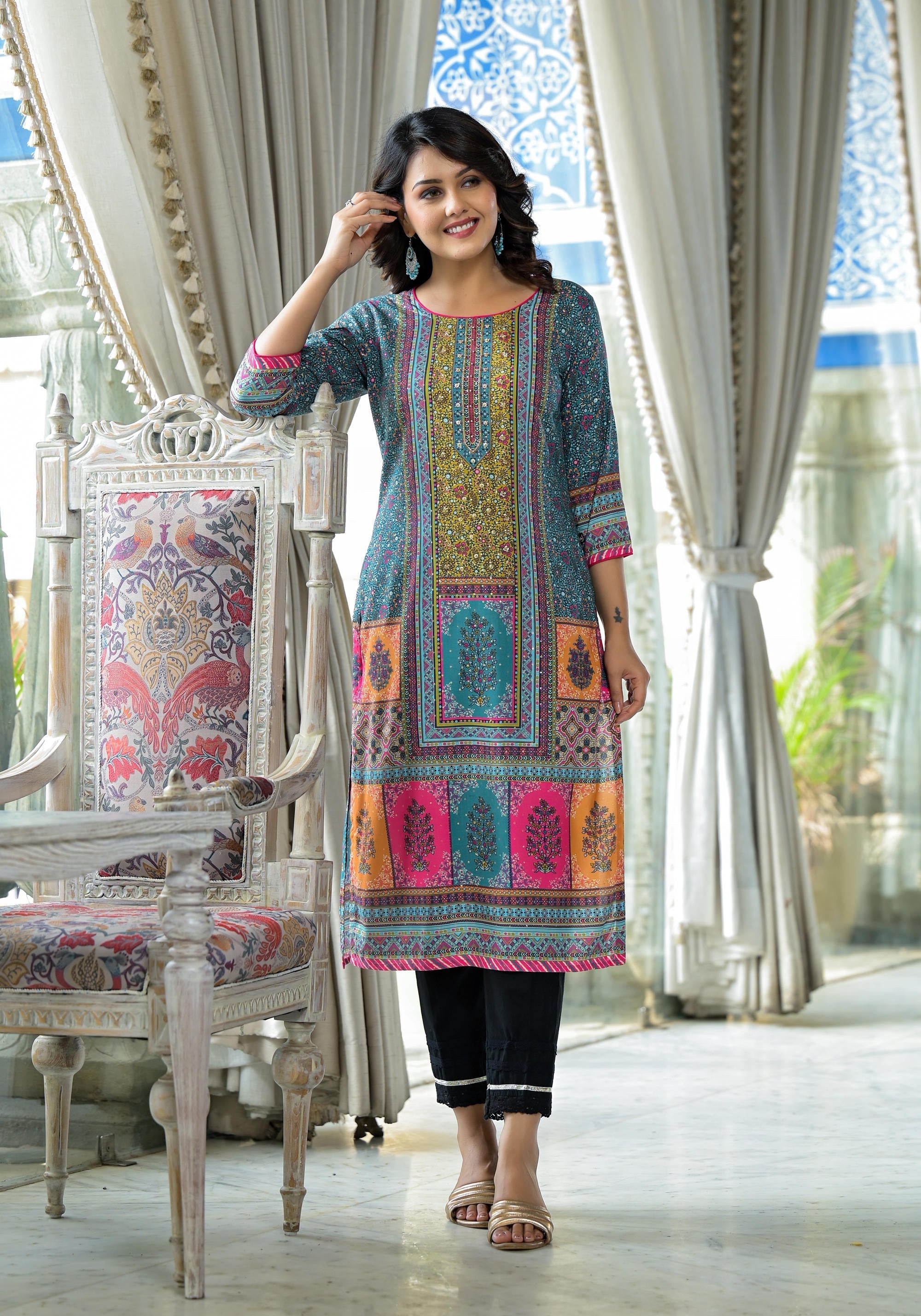 Blue Floral Printed Liva Rayon Kurta With Beads & Sequins Work | DesiQ