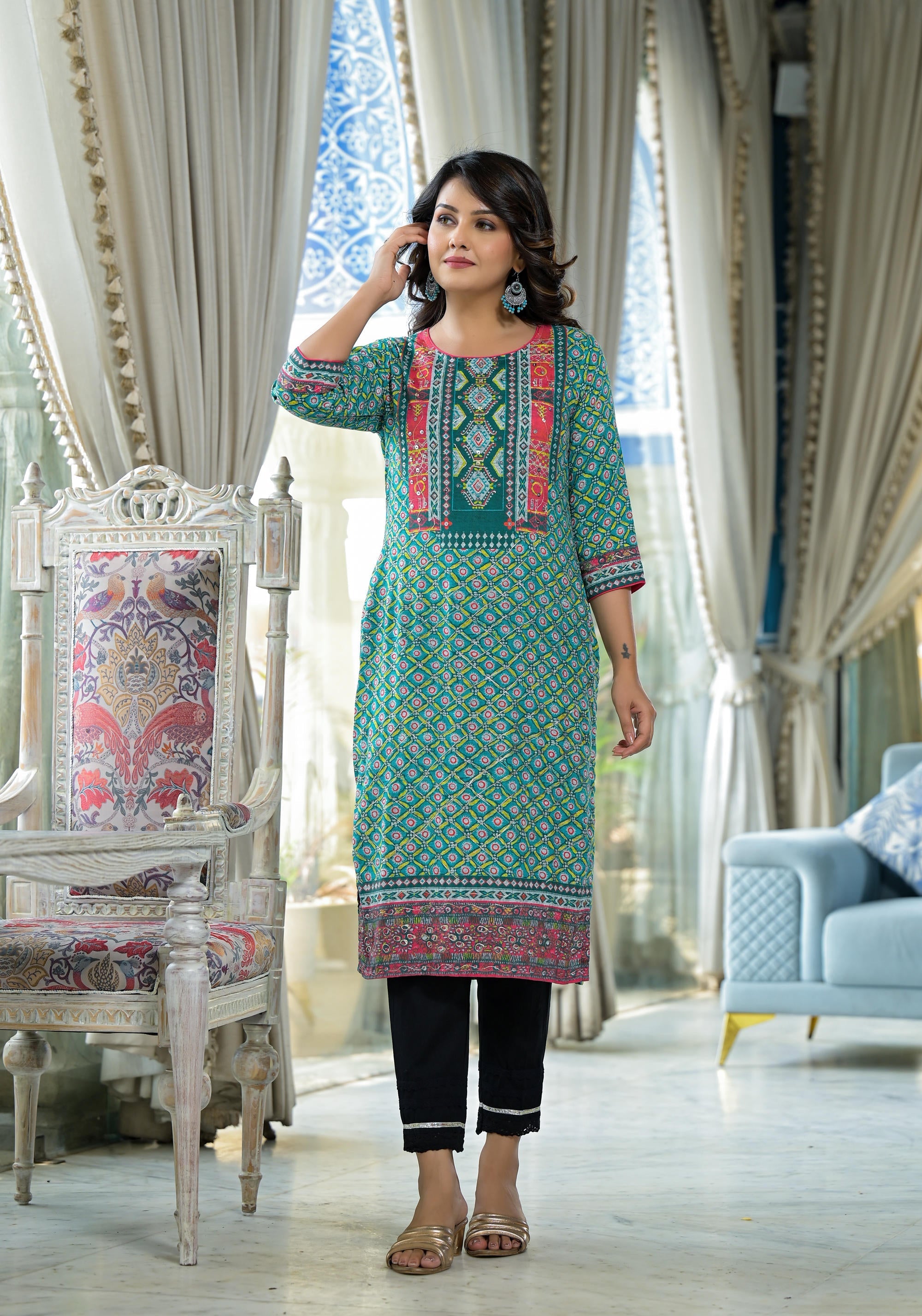 Teal Ethnic Motif Printed Liva Rayon Kurta With Sequins & Gota Patti W