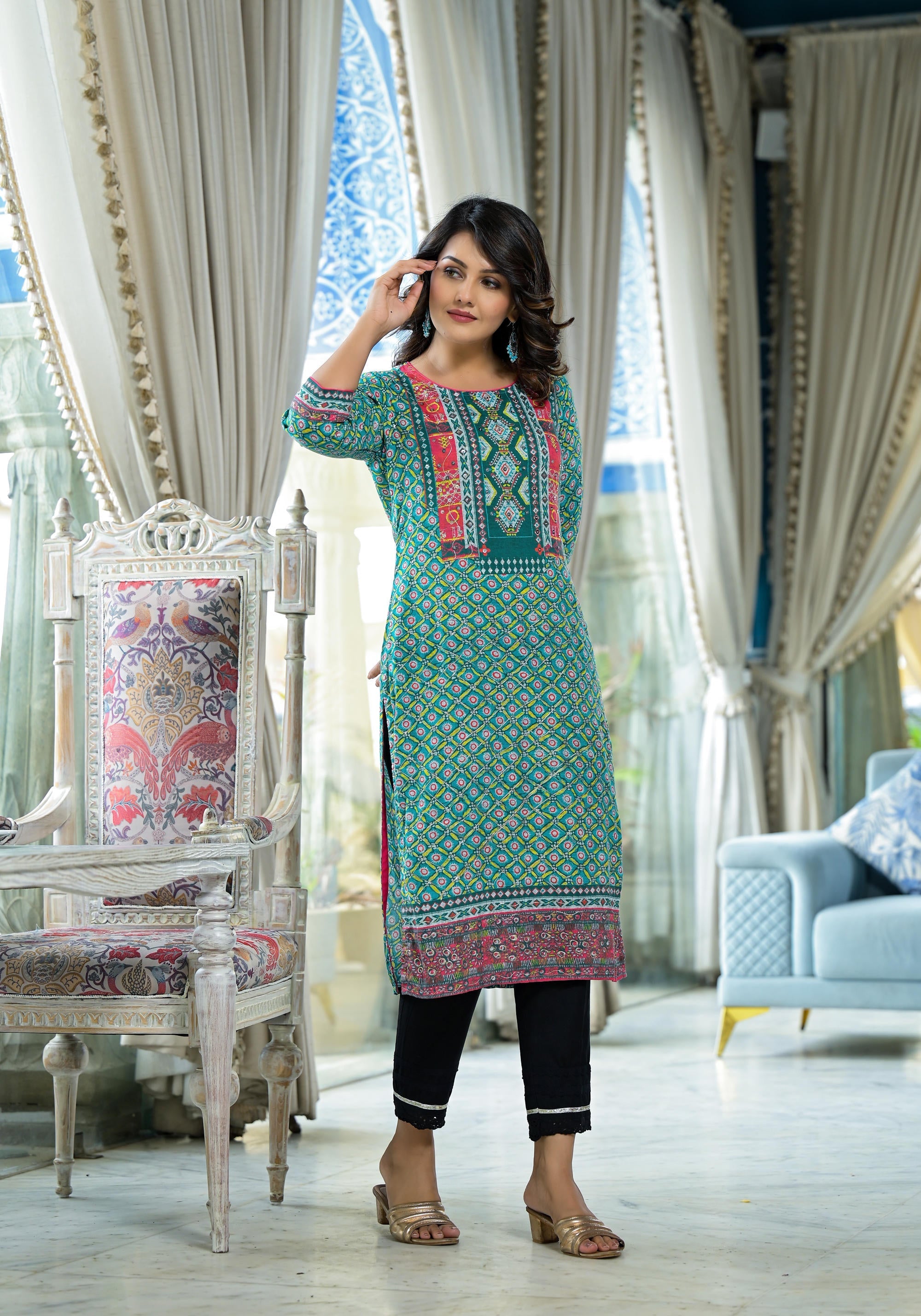 Teal Ethnic Motif Printed Liva Rayon Kurta With Sequins & Gota Patti W