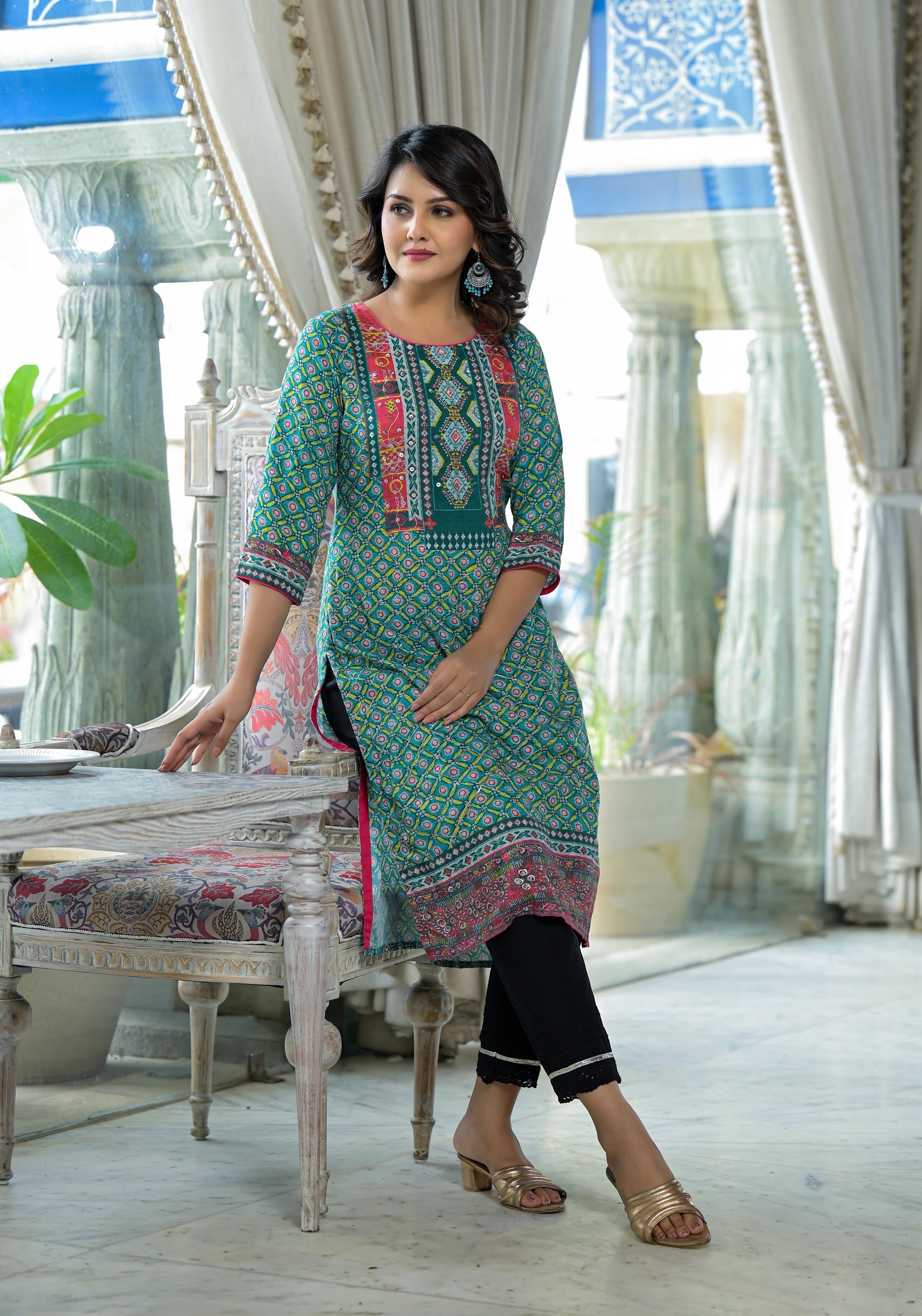 Teal Ethnic Motif Printed Liva Rayon Kurta With Sequins & Gota Patti W