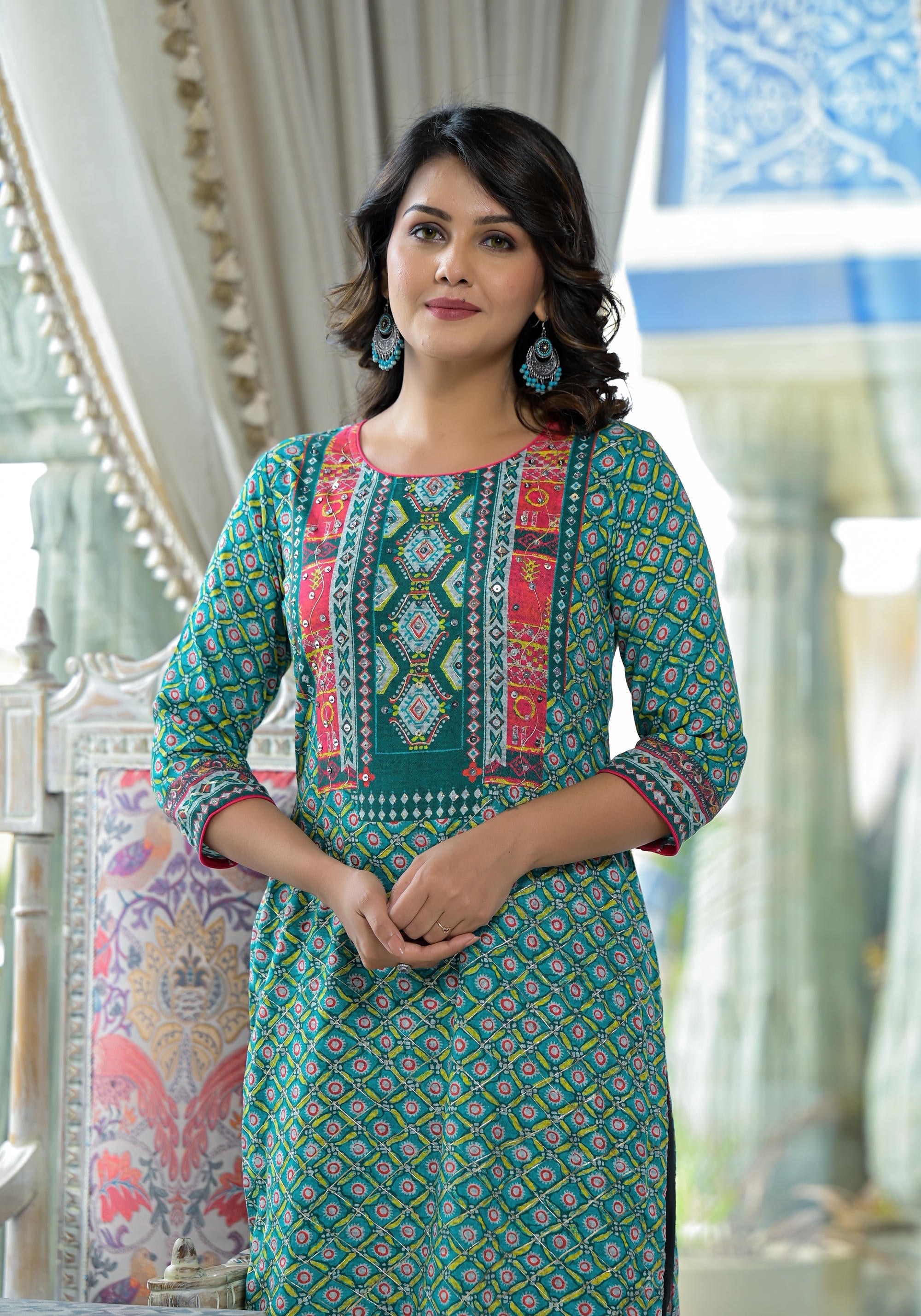 Teal Ethnic Motif Printed Liva Rayon Kurta With Sequins & Gota Patti W