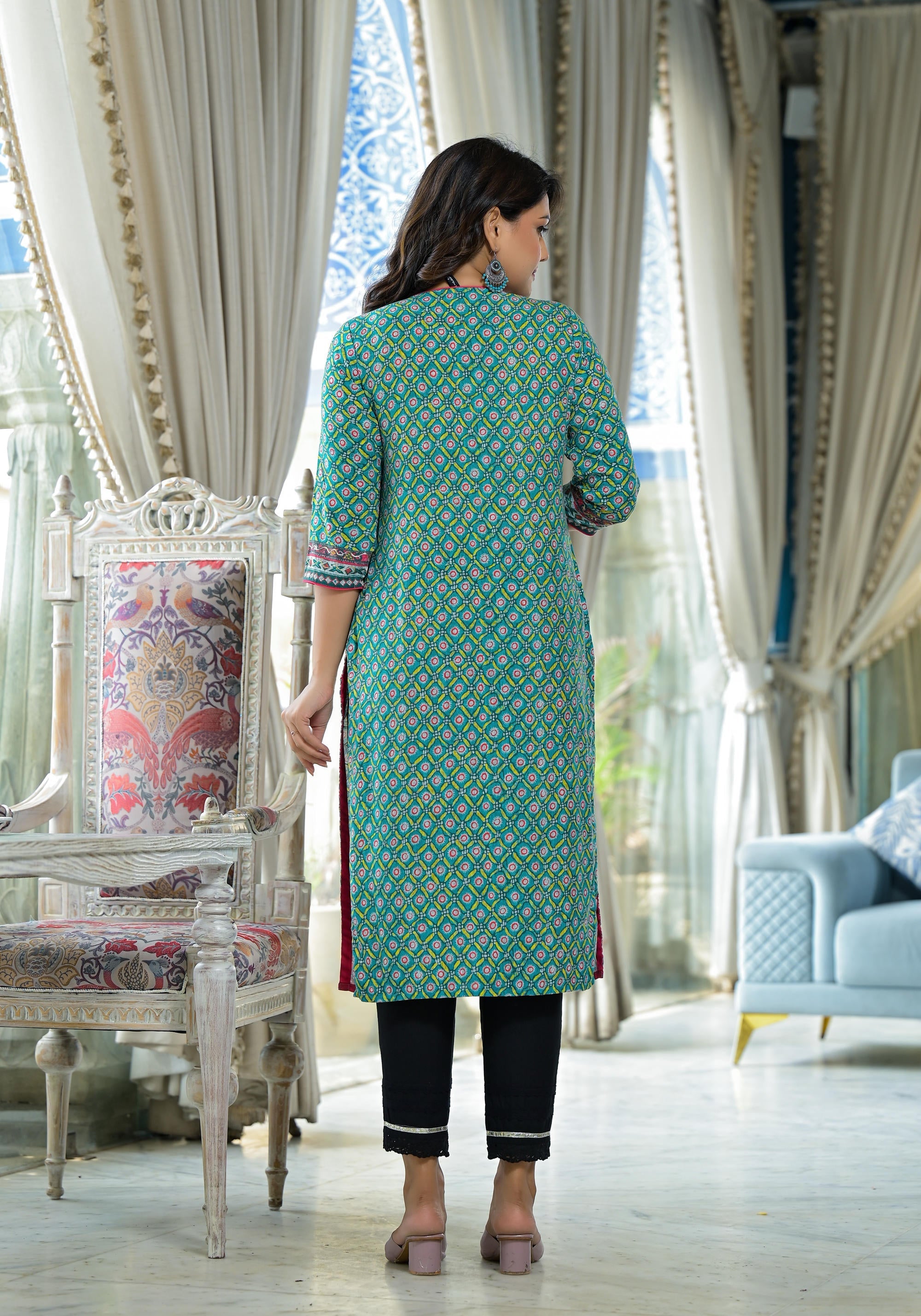 Teal Ethnic Motif Printed Liva Rayon Kurta With Sequins & Gota Patti W