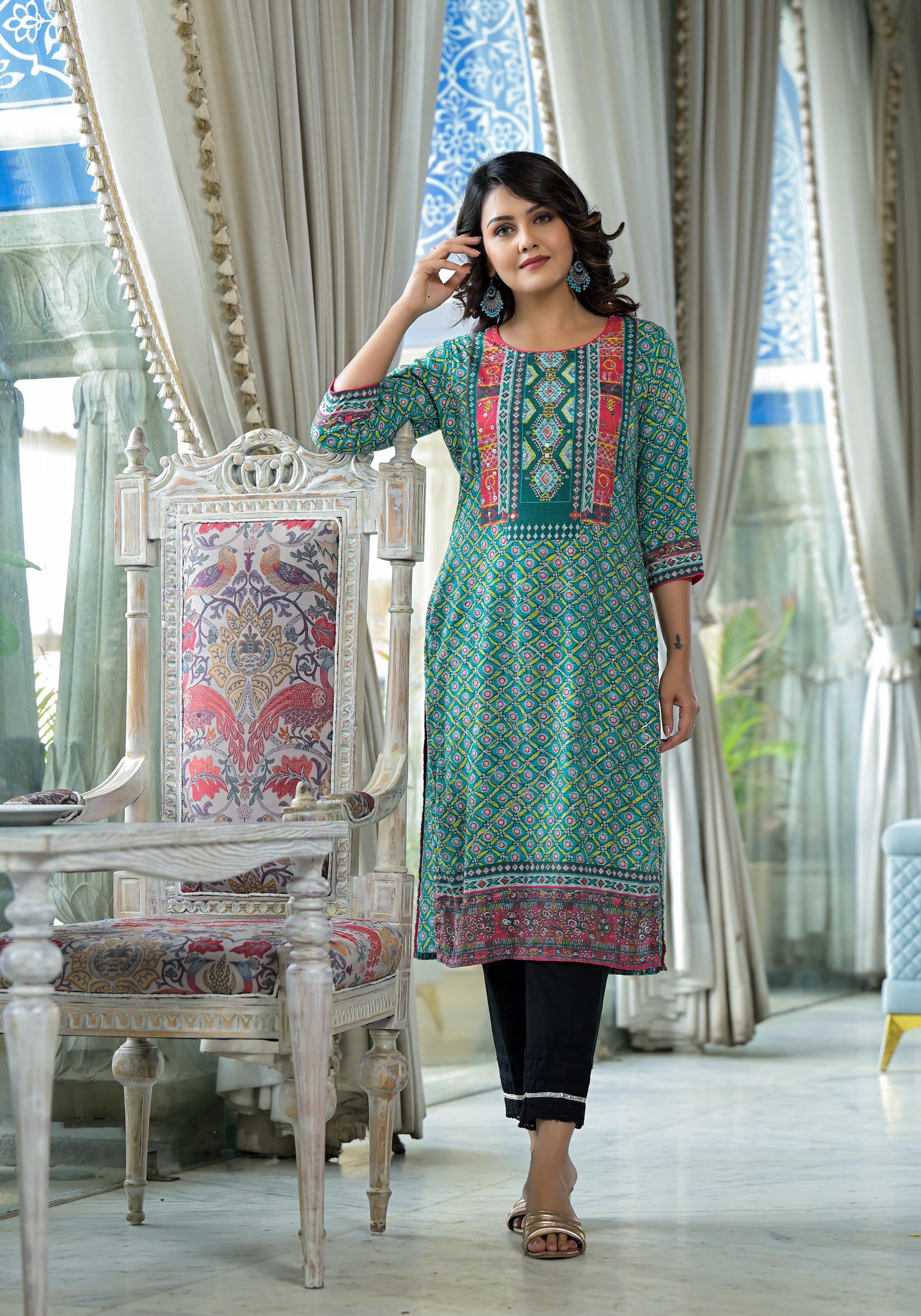 Teal Ethnic Motif Printed Liva Rayon Kurta With Sequins & Gota Patti W