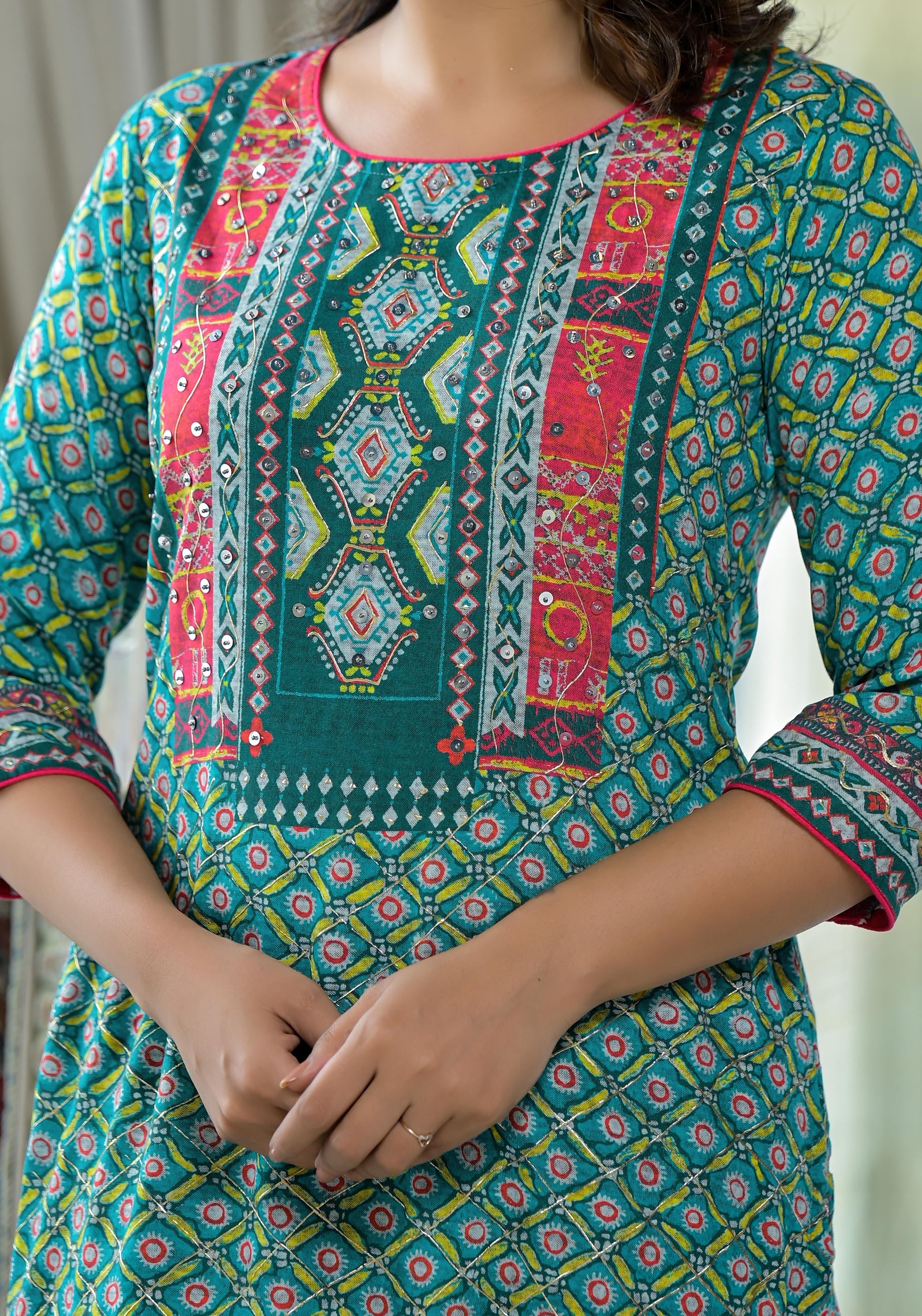 Teal Ethnic Motif Printed Liva Rayon Kurta With Sequins & Gota Patti W