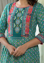 Teal Ethnic Motif Printed Liva Rayon Kurta With Sequins & Gota Patti Work