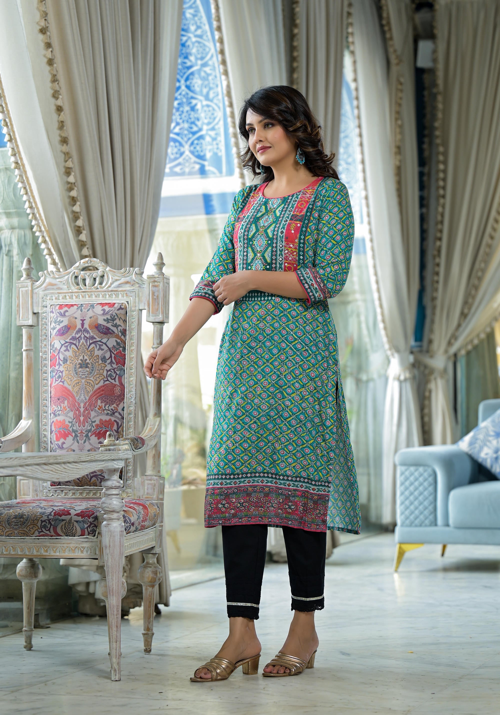 Teal Ethnic Motif Printed Liva Rayon Kurta With Sequins & Gota Patti W