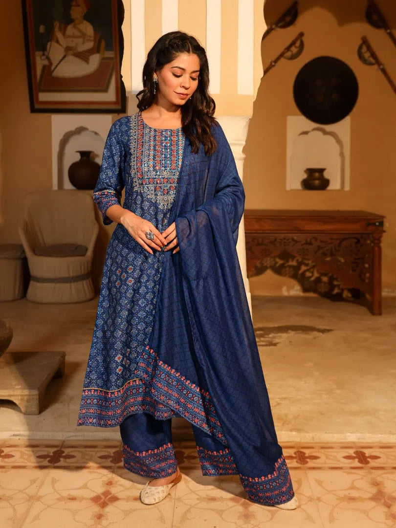 Blue Printed Kurta Set with Dupatta & Zari Work | Women's Kurta