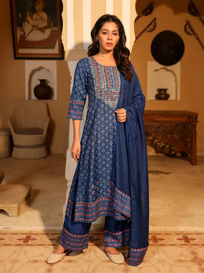 Blue Printed Kurta Set with Dupatta & Zari Work | Women's Kurta