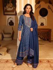 Blue Ethnic Motif Printed Polycotton Kurta Pant And Dupatta Set With Thread Zari Work & Sequins-J4665BLUE