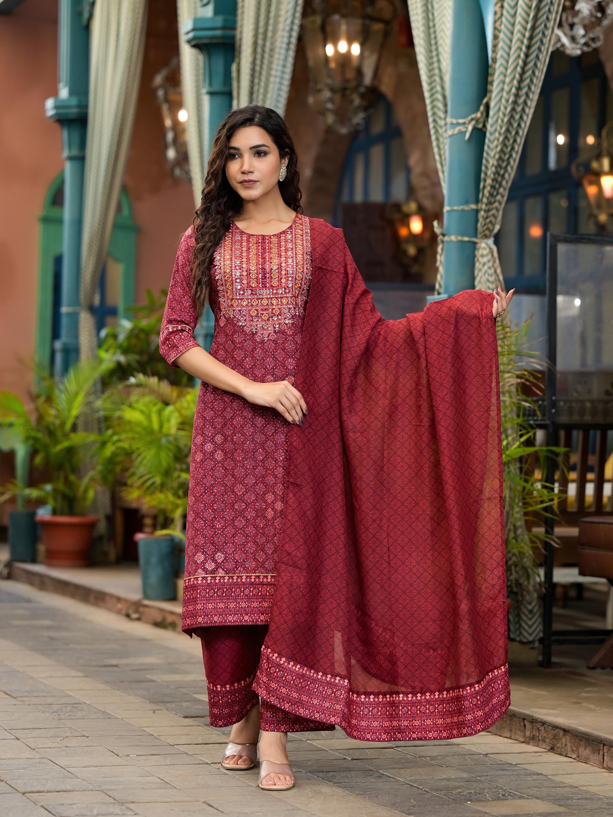 Rust Ethnic Motif Printed Cotton Kurta Set With Thread Work & Sequins 