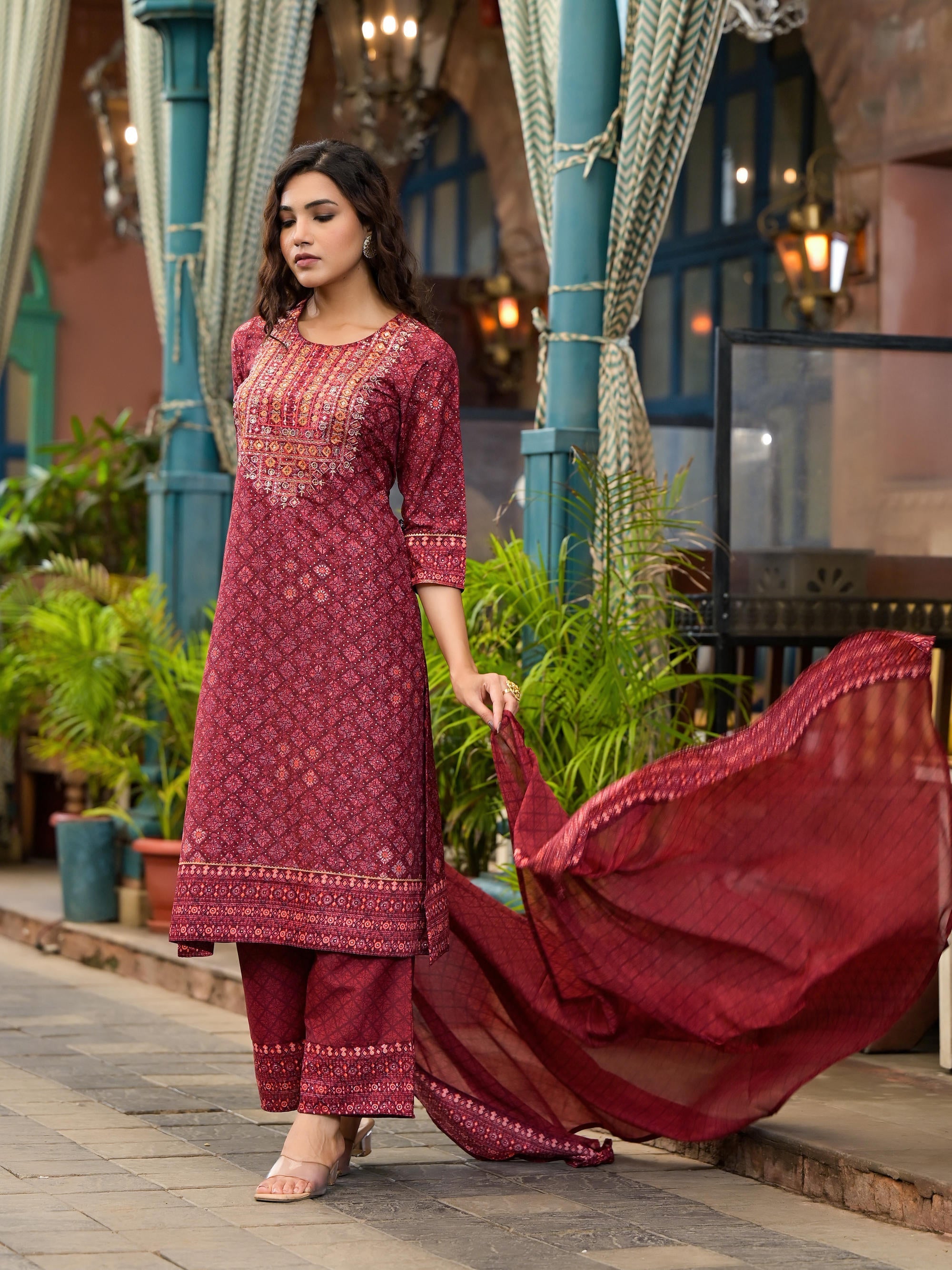 Rust Ethnic Motif Printed Cotton Kurta Set With Thread Work & Sequins 