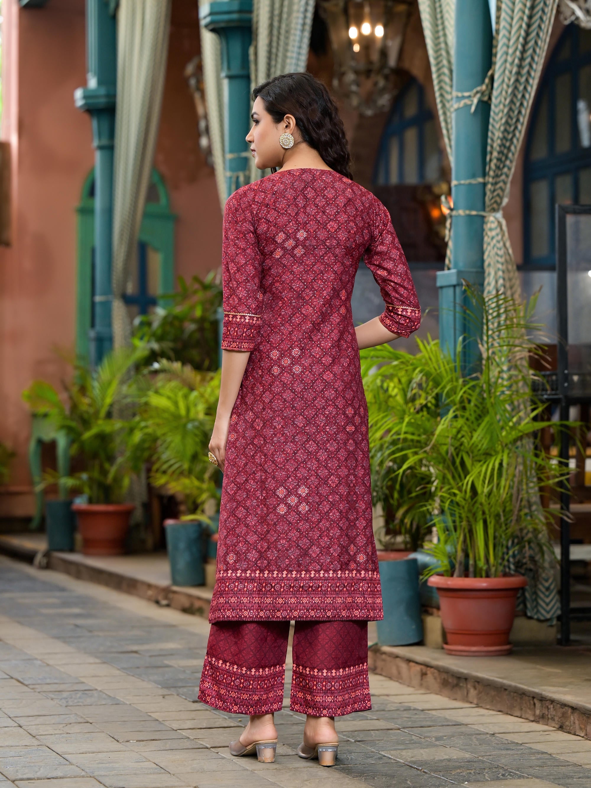 Rust Ethnic Motif Printed Cotton Kurta Set With Thread Work & Sequins 
