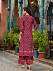 Rust Ethnic Motif Printed Cotton Kurta Set With Thread Work & Sequins