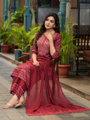 Rust Ethnic Motif Printed Cotton Kurta Set With Thread Work & Sequins