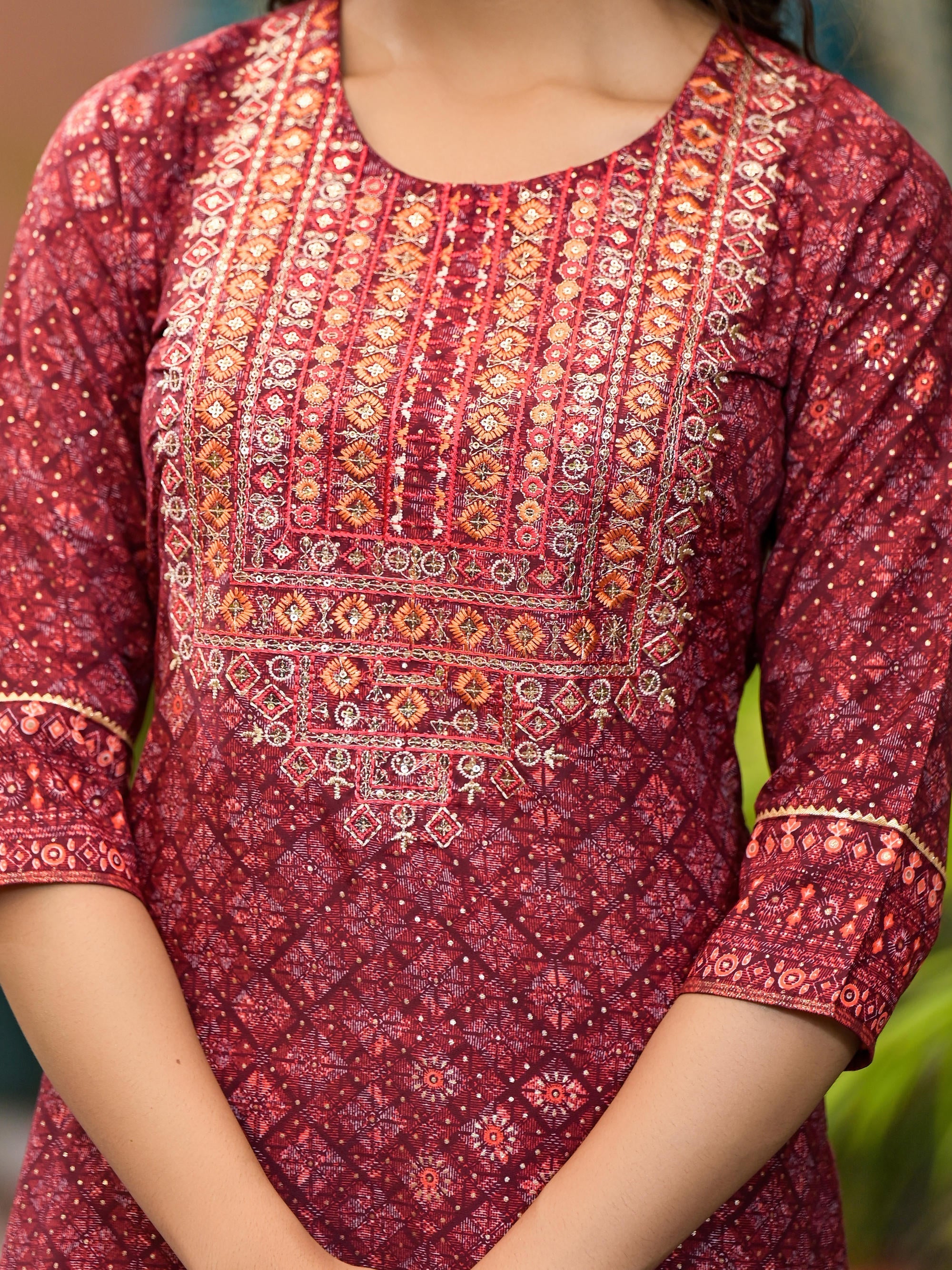 Rust Ethnic Motif Printed Cotton Kurta Set With Thread Work & Sequins 