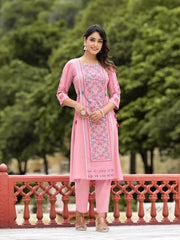 Peach Floral Printed Liva Rayon Kurta Pant & Dupatta Set With Doris At Waist & Thread Work & Tassels-J4666PEACH
