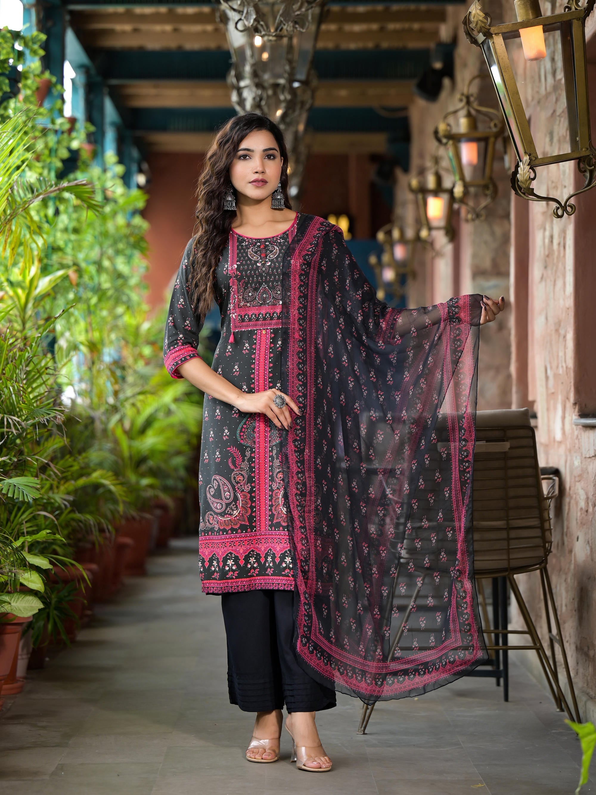 Black Ethnic Motif Printed Liva Rayon Kurta Set With Buttons Coins & T