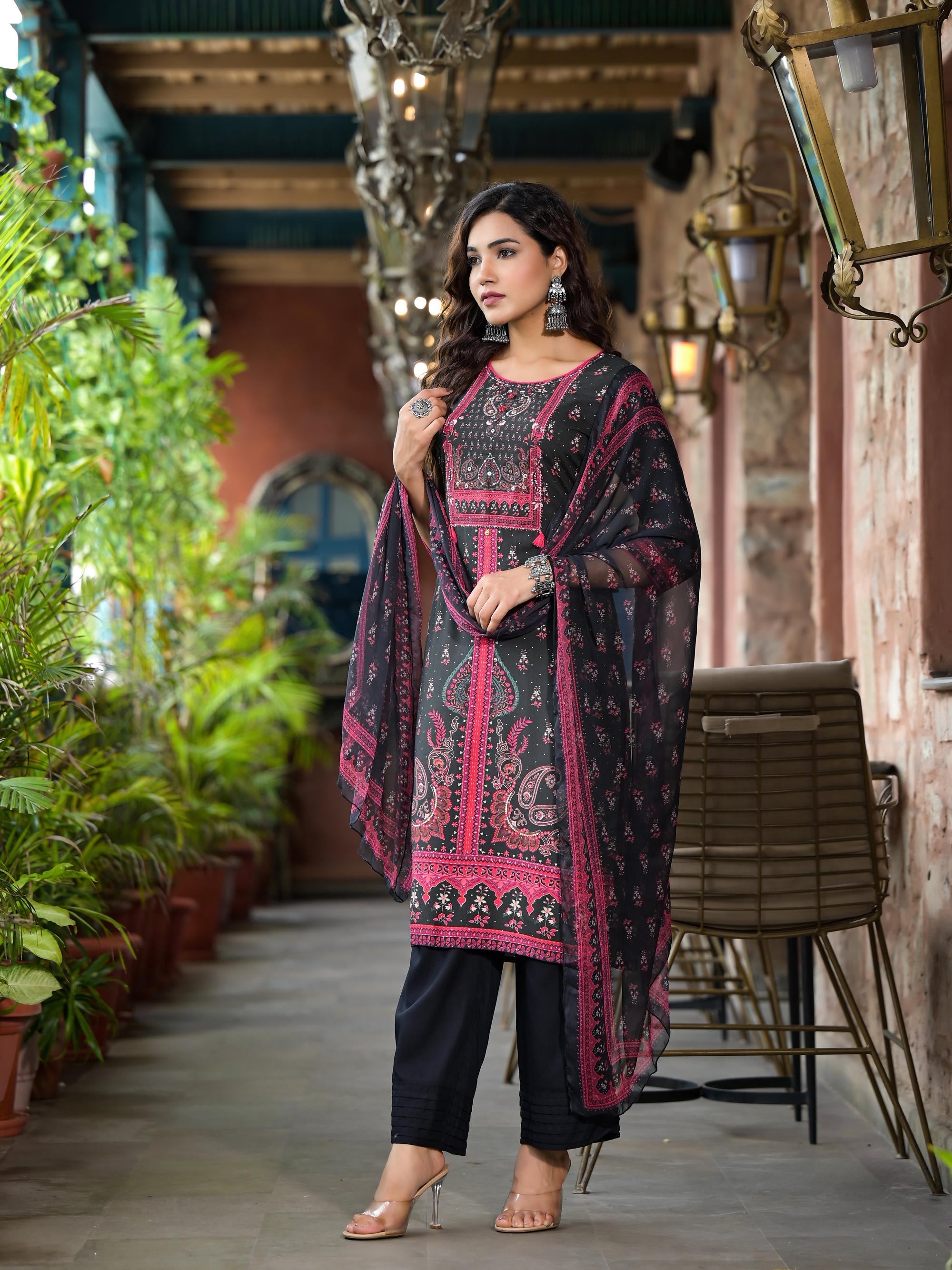 Black Ethnic Motif Printed Liva Rayon Kurta Set With Buttons Coins & T